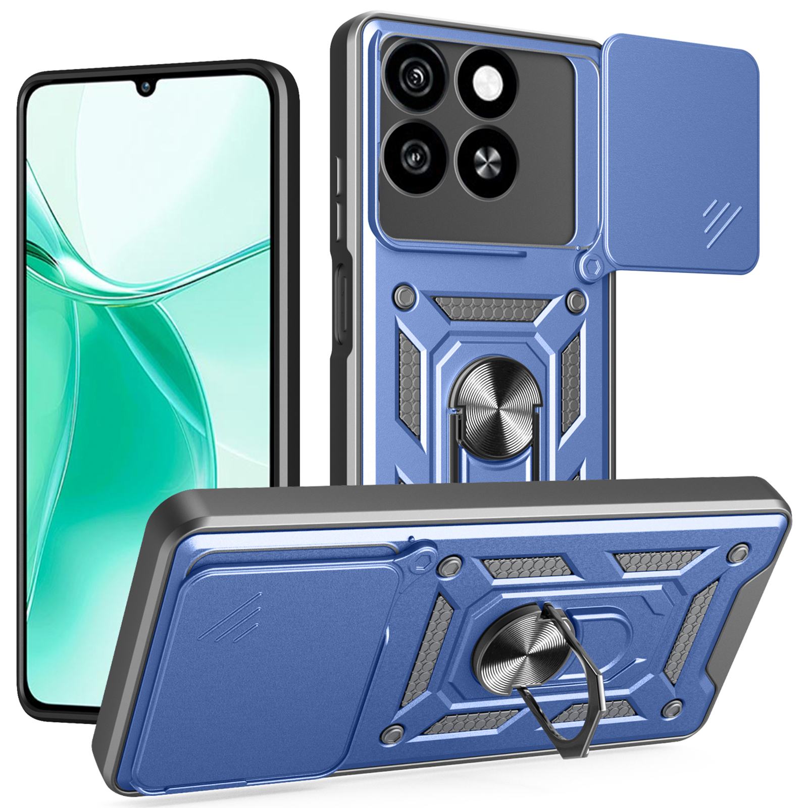 For ZTE Blade A35 / A55 Case with Slide Camera Lid PC + TPU Kickstand Phone Cover - Blue
