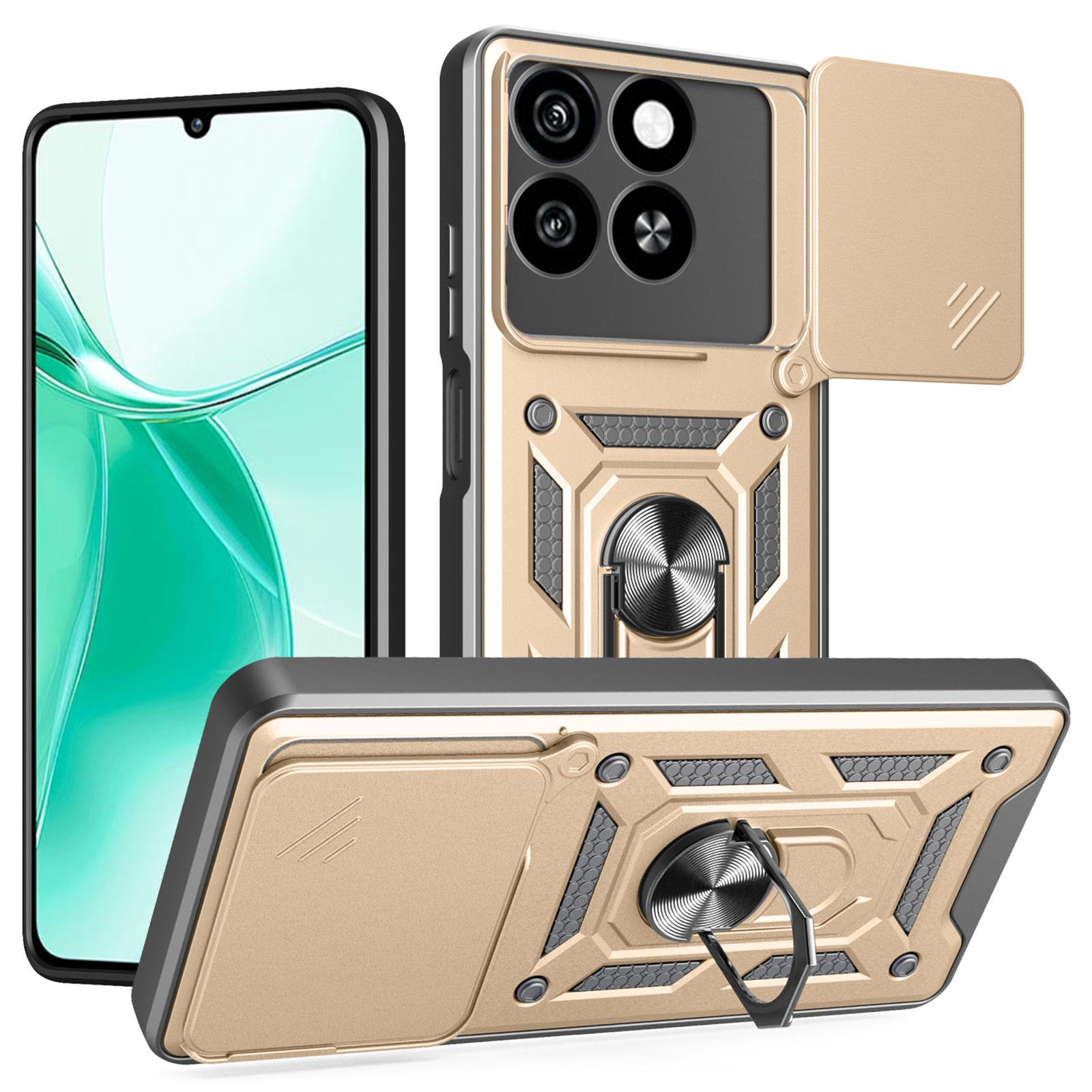 For ZTE Blade A35 / A55 Case with Slide Camera Lid PC + TPU Kickstand Phone Cover - Gold