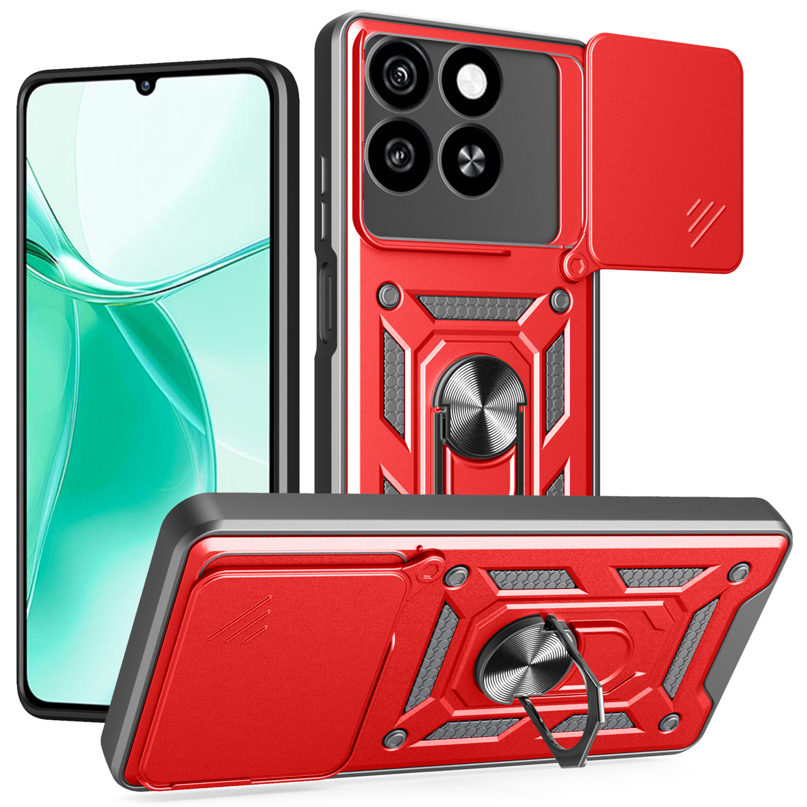 For ZTE Blade A35 / A55 Case with Slide Camera Lid PC + TPU Kickstand Phone Cover - Red