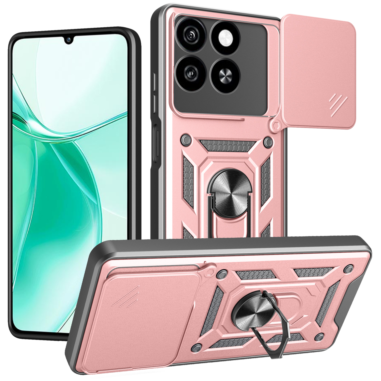 For ZTE Blade A35 / A55 Case with Slide Camera Lid PC + TPU Kickstand Phone Cover - Rose Gold
