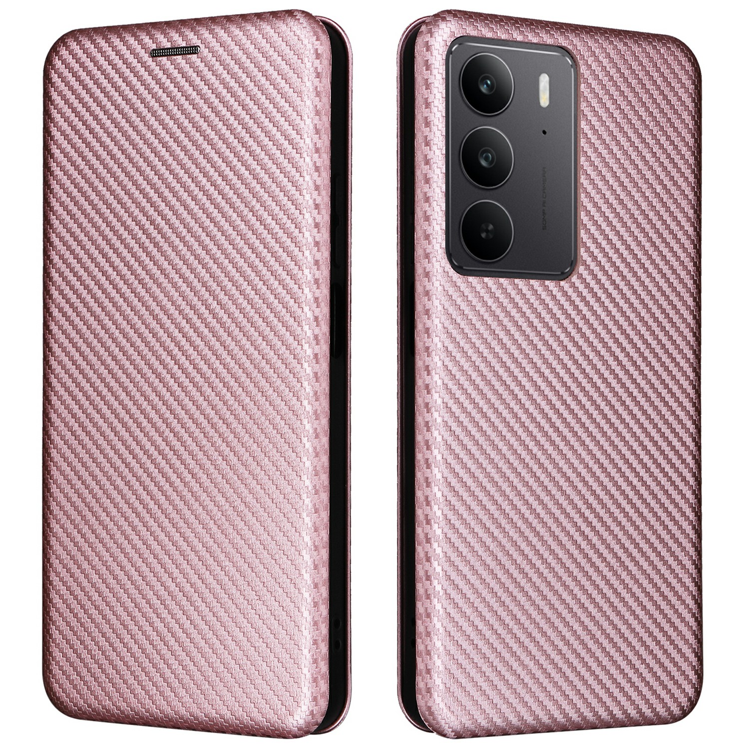 For Realme C75 4G Case Carbon Fiber Texture Drop-Proof PU Leather Phone Cover - Rose Gold