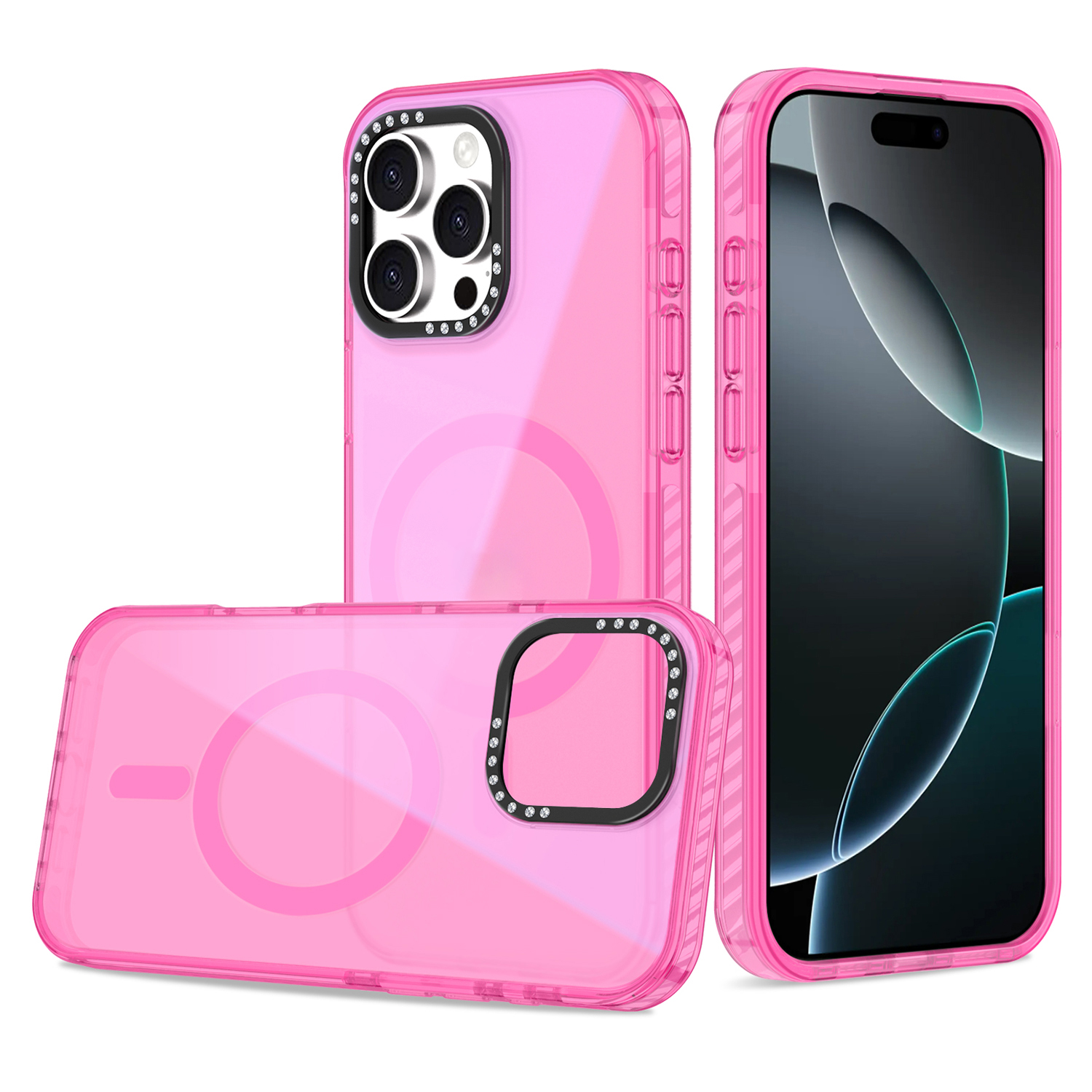 For iPhone 16 Pro Max Magnetic Case IMD TPU + PC Phone Back Cover with Metal Lens Frame - Hot Pink