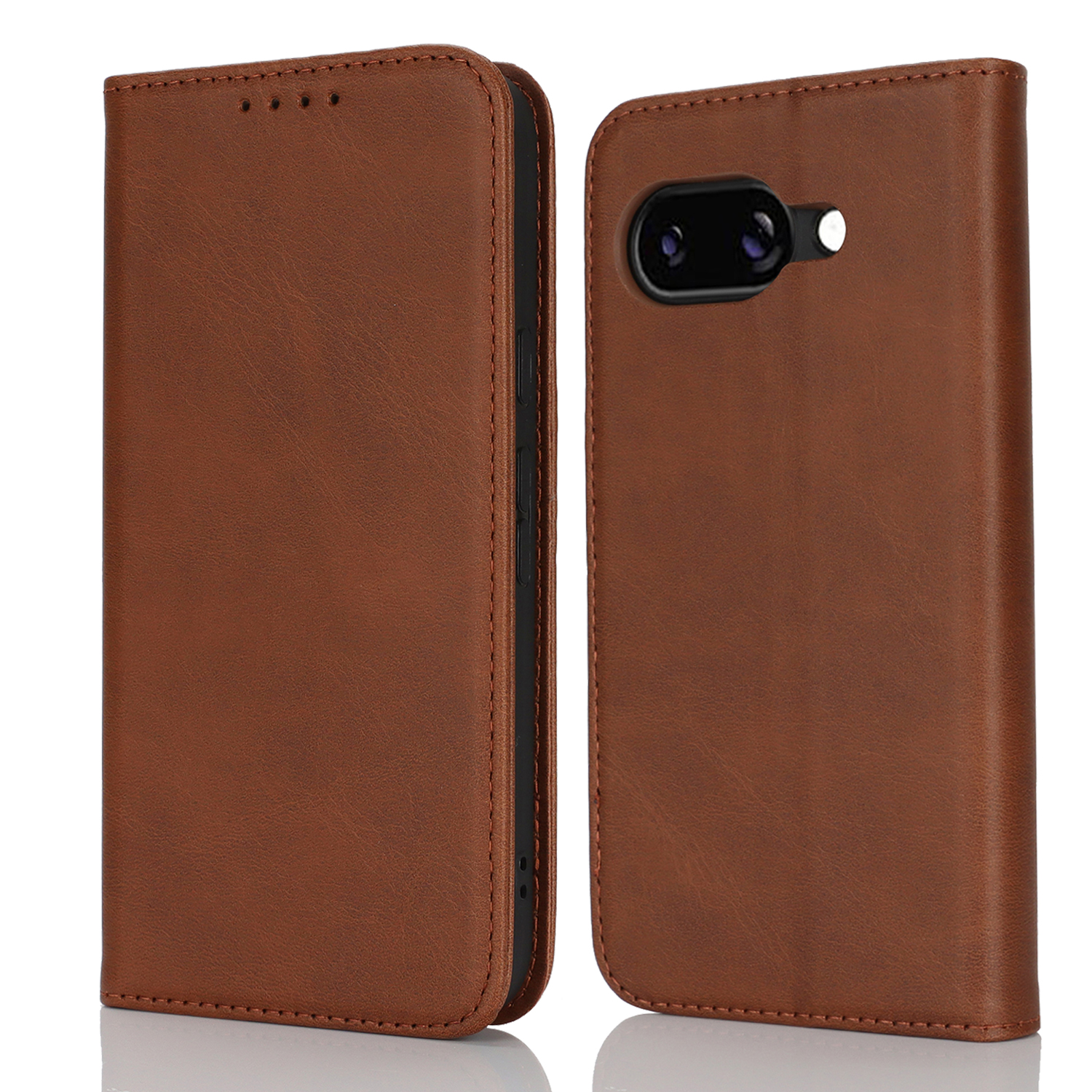 For Google Pixel 9a Case PU Leather Calf Textured Magnetic Closing Smart Phone Cover - Dark Brown