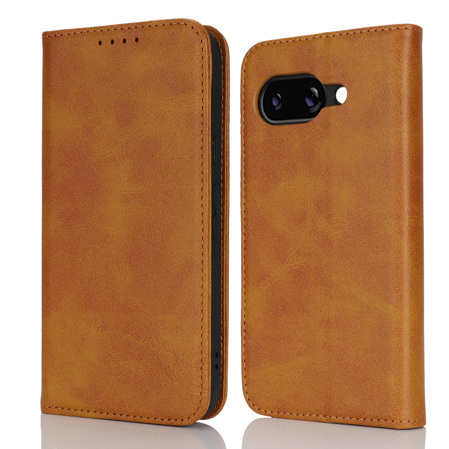 For Google Pixel 9a Case PU Leather Calf Textured Magnetic Closing Smart Phone Cover - Light Brown