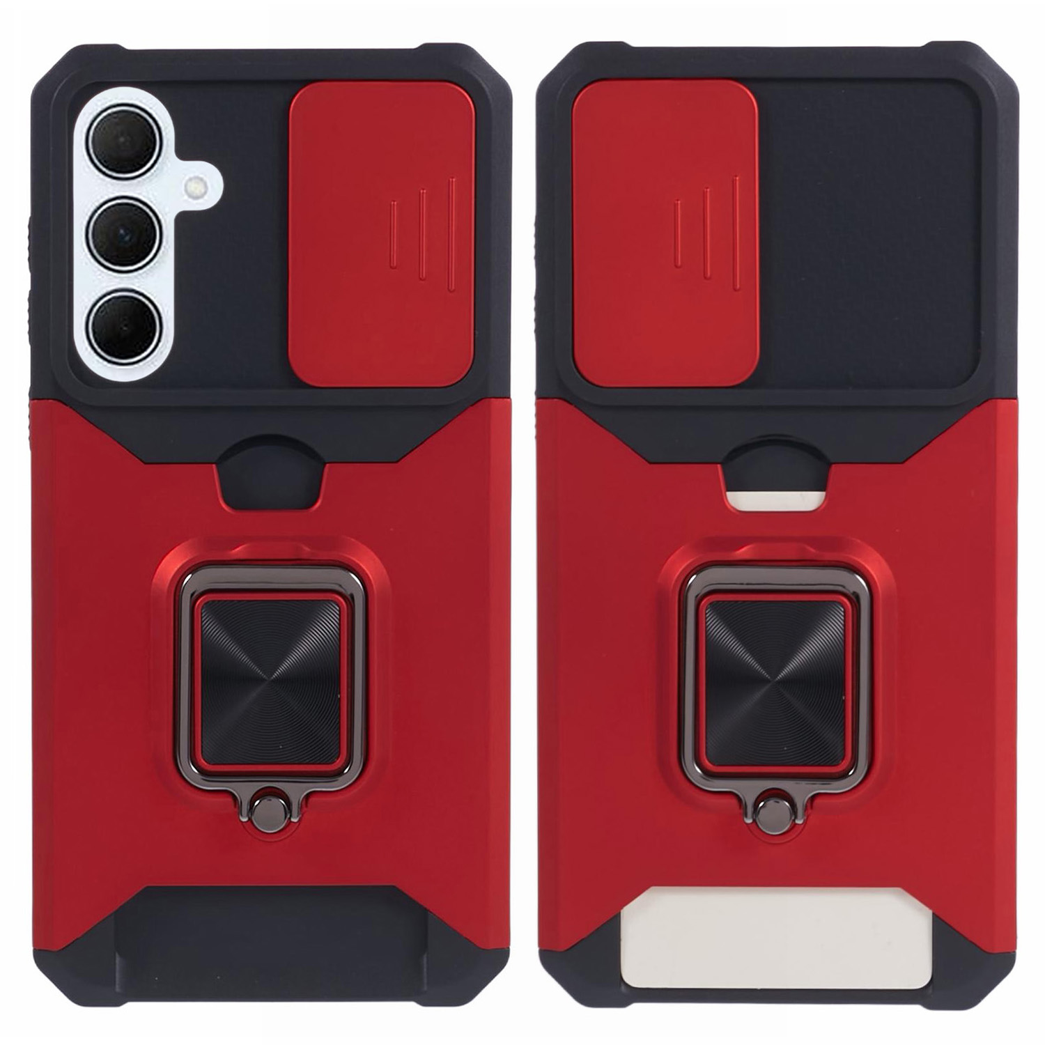 For Samsung Galaxy A56 5G Kickstand Case Slide Lens Lid PC + TPU Phone Cover with Card Slot - Red