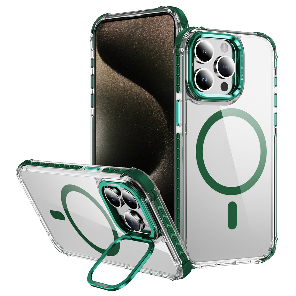 For iPhone 13 Pro Clear Phone Case with Lens Kickstand Cover Compatible with MagSafe - Green