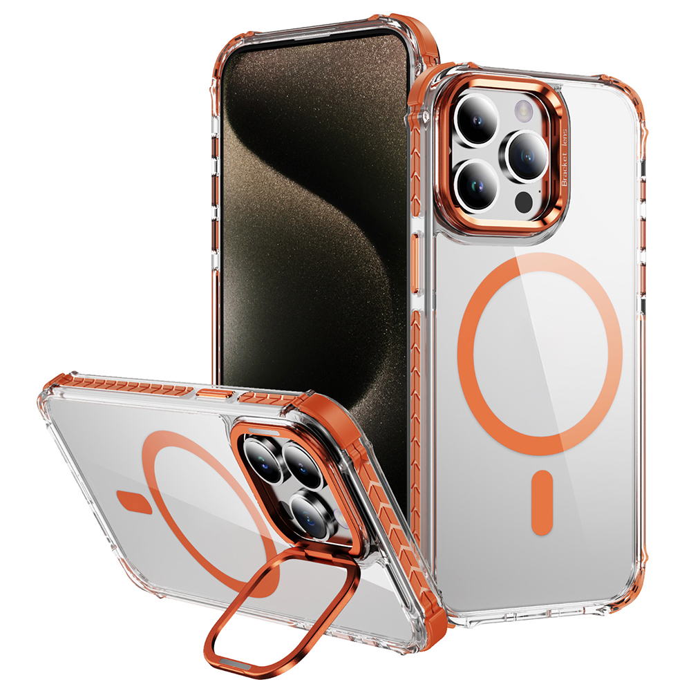 For iPhone 12 / 12 Pro Clear Phone Case with Lens Kickstand Cover Compatible with MagSafe - Orange