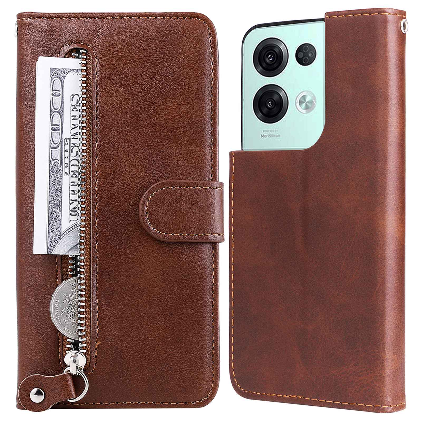 

Für Oppo Reno8 Pro 5G (globale Version) Reißverschluss Pocket Flip Phone Hülle PU Leder Magnetische Verschluss Brieftaschenabdeckung Schutz Telefonschale - Braun, Oppo Reno8 Pro 5G (Global Version)