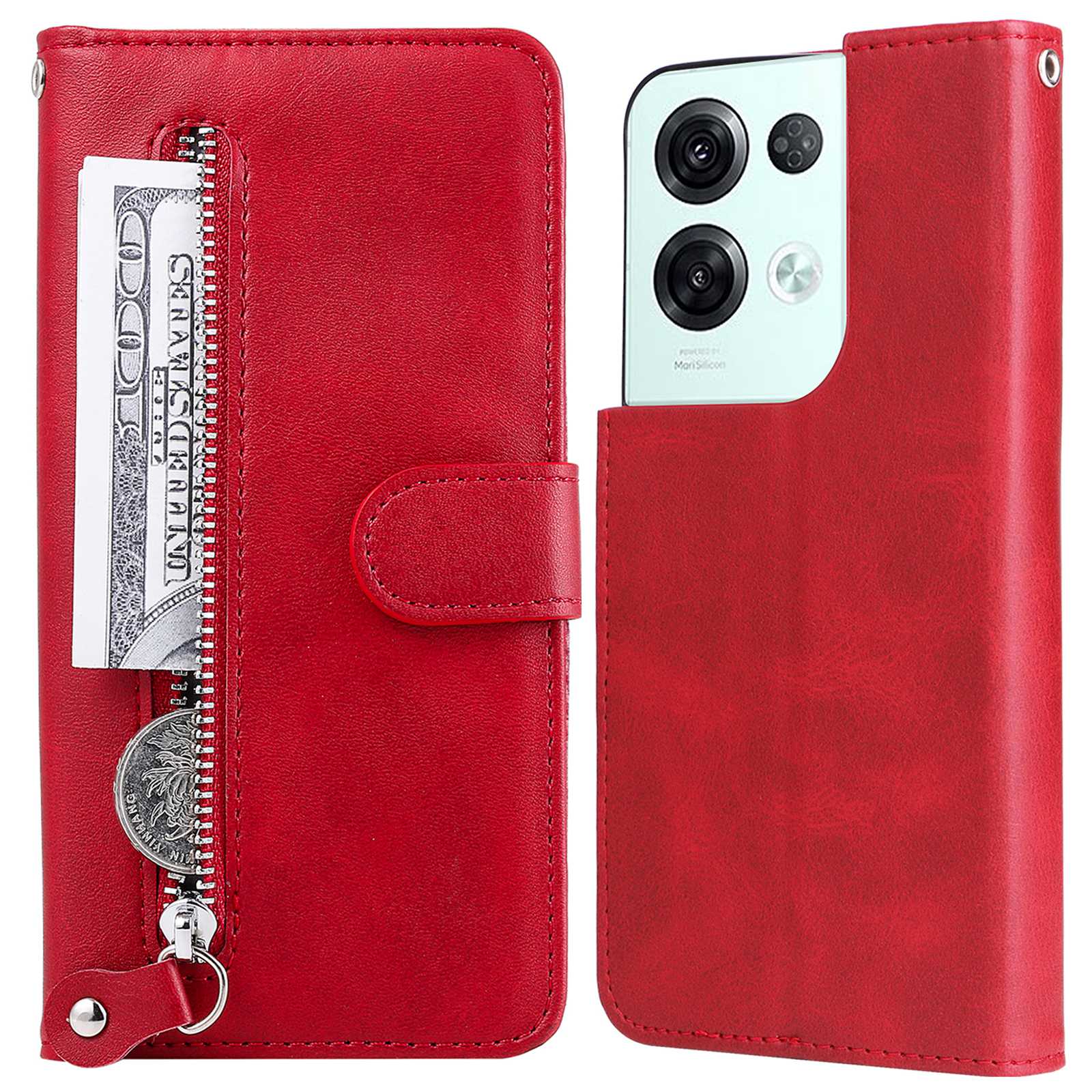 

Für Oppo Reno8 Pro 5G (globale Version) Reißverschluss Pocket Flip Phone Hülle PU Leder Magnetische Verschluss Brieftaschenabdeckung Schutz Telefonschale - Rot, Oppo Reno8 Pro 5G (Global Version)