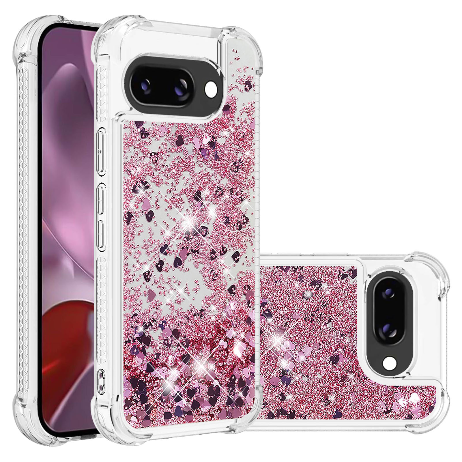 For Google Pixel 9a TPU Case Glitter Quicksand Shockproof Phone Back Cover - Rose Gold / Hearts