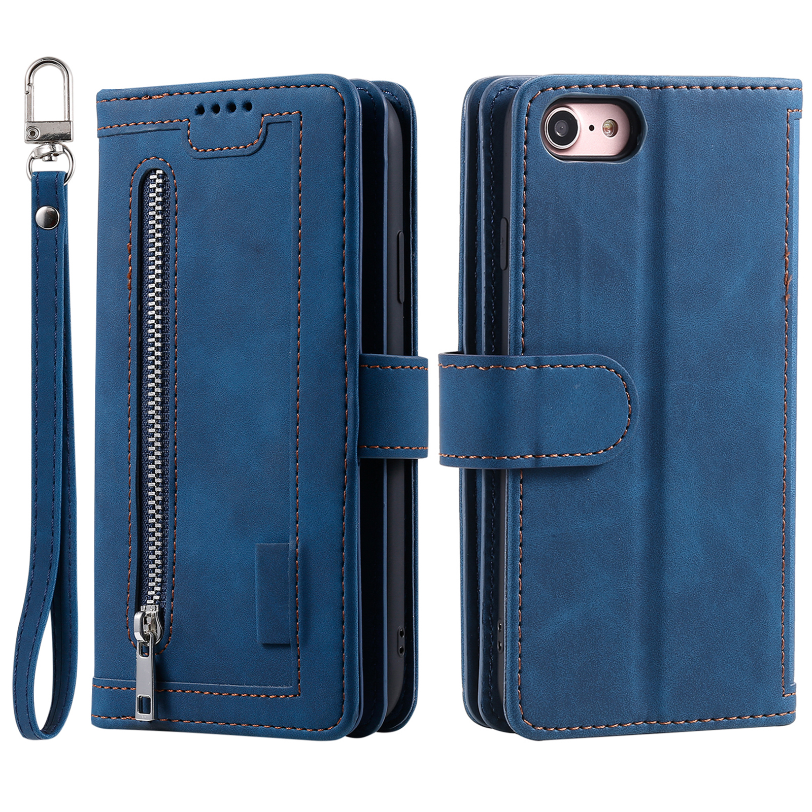 For iPhone 17e / 16e Case PU Leather Phone Cover with Zipper Wallet 9 Card Slots - Blue
