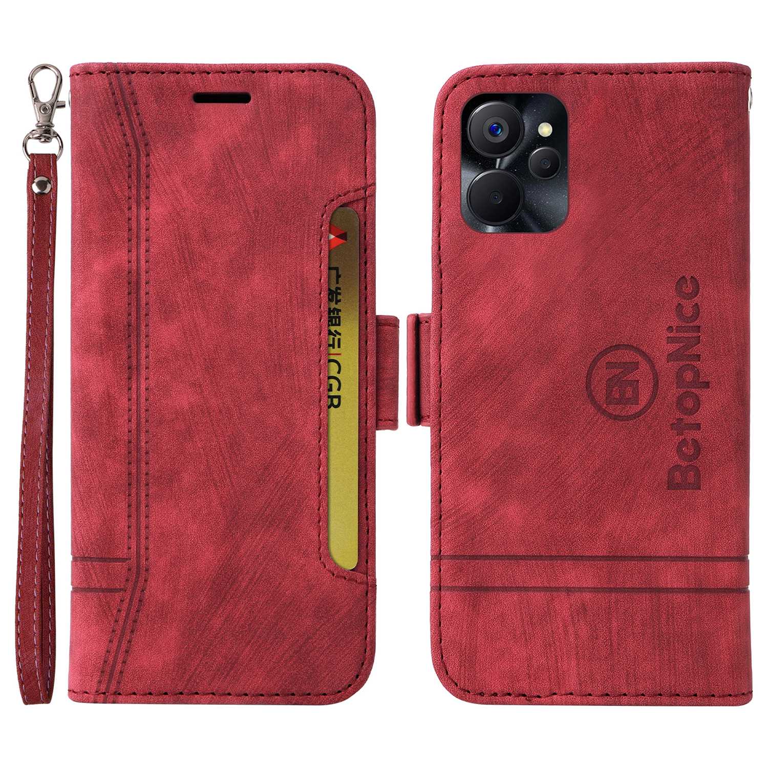 

Betopnice 001 Anti-drop-telefonabdeckung Für Realme 9i 5G / V20 5G, Eingeprägte Stichlinie PU Leder + TPU Phone Hülle Stand Wallet Mit Riemen - Rot, Realme 9i 5G