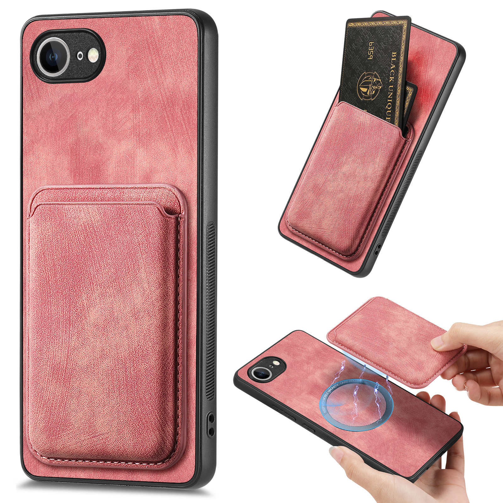 For iPhone 17e / 16e Case Compatible with MagSafe Leather Back Cover with Detachable Card Holder - Pink
