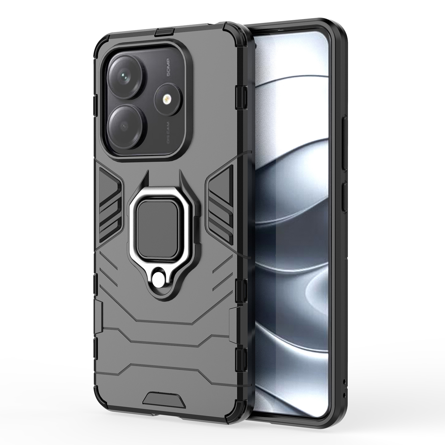 For Xiaomi Redmi Note 14 5G Case PC + TPU Protective Phone Cover with Ring Kickstand - Black