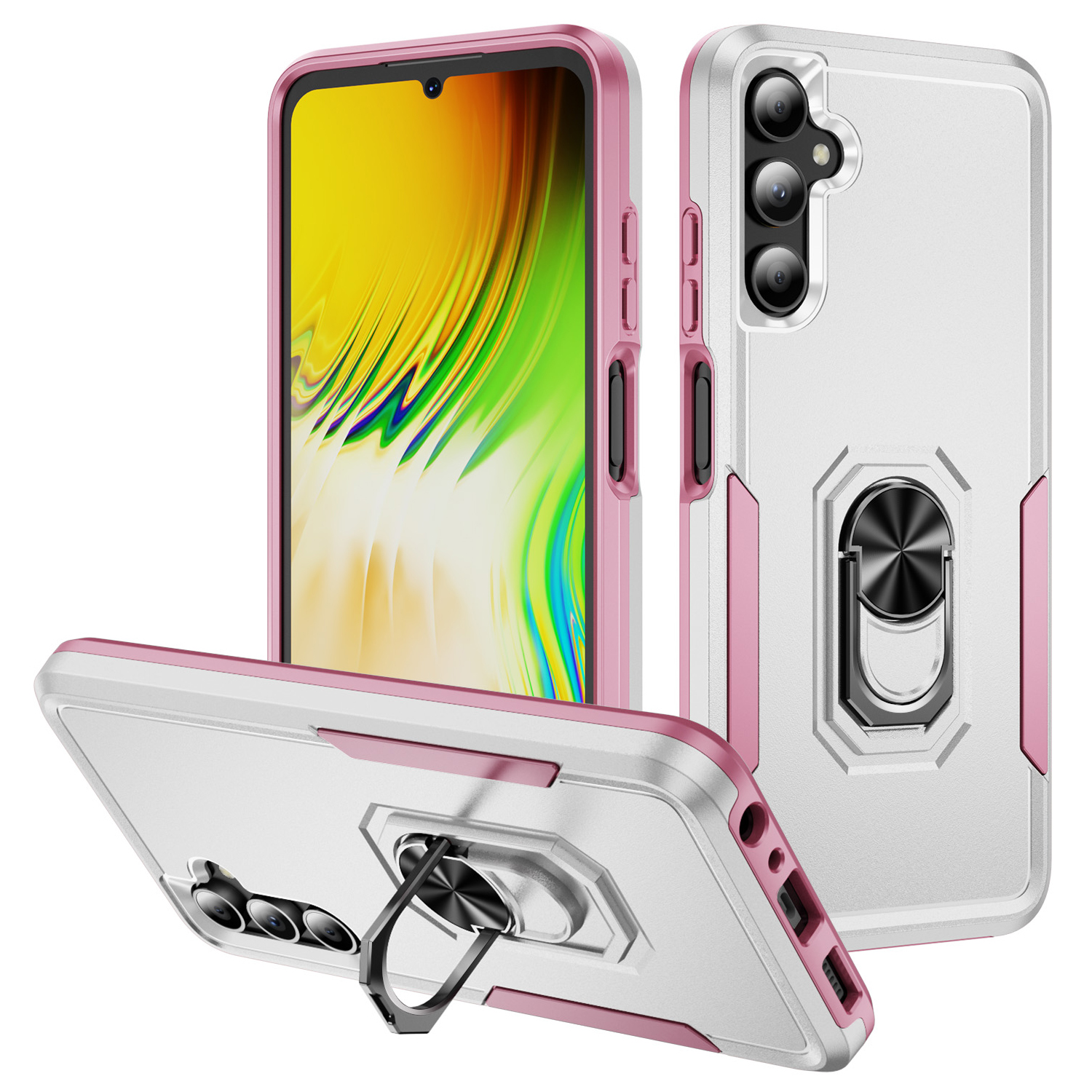 For Samsung Galaxy A05s 4G Case Military Grade Ring Kickstand PC+TPU Phone Cover - White+Pink