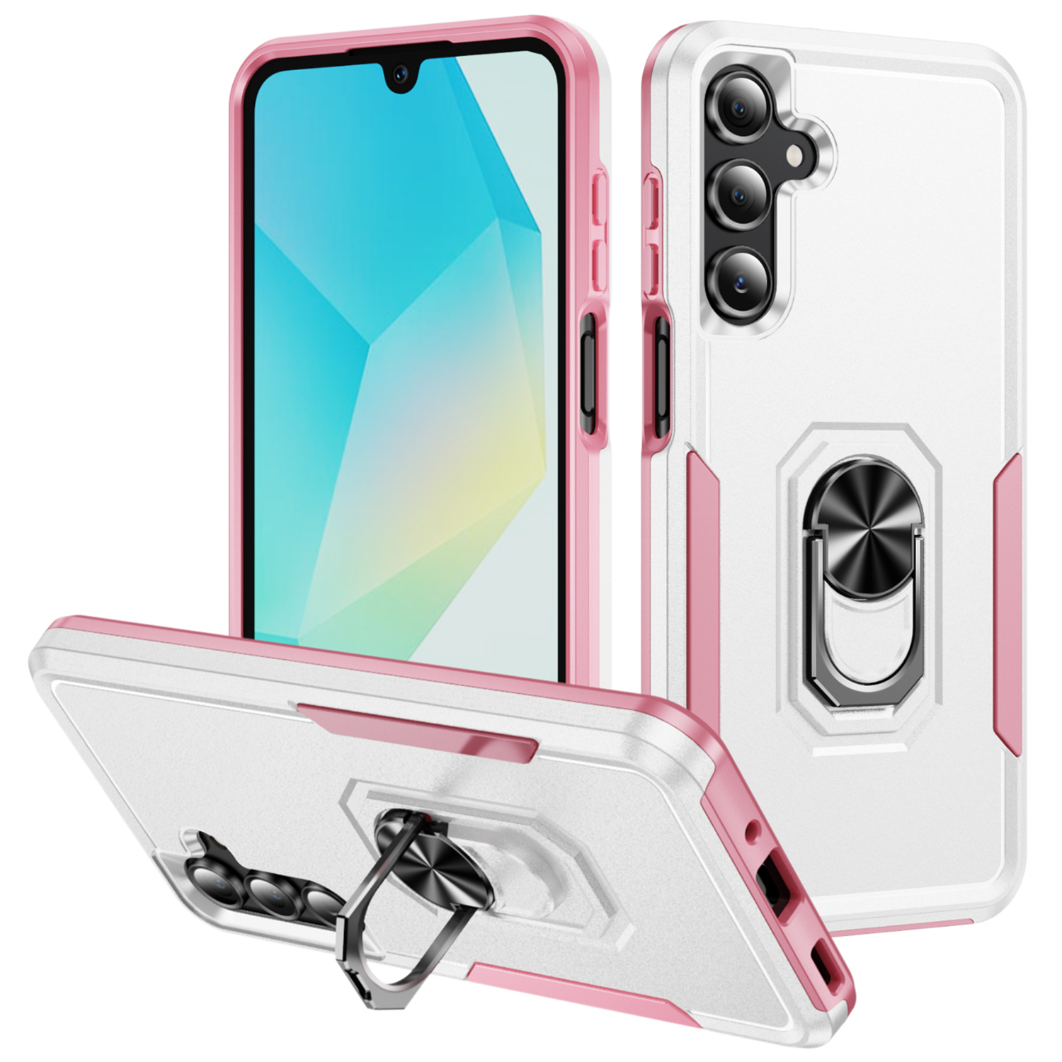 For Samsung Galaxy A16 5G  /  4G Case Military Grade Ring Kickstand PC + TPU Phone Cover - White  /  Pink