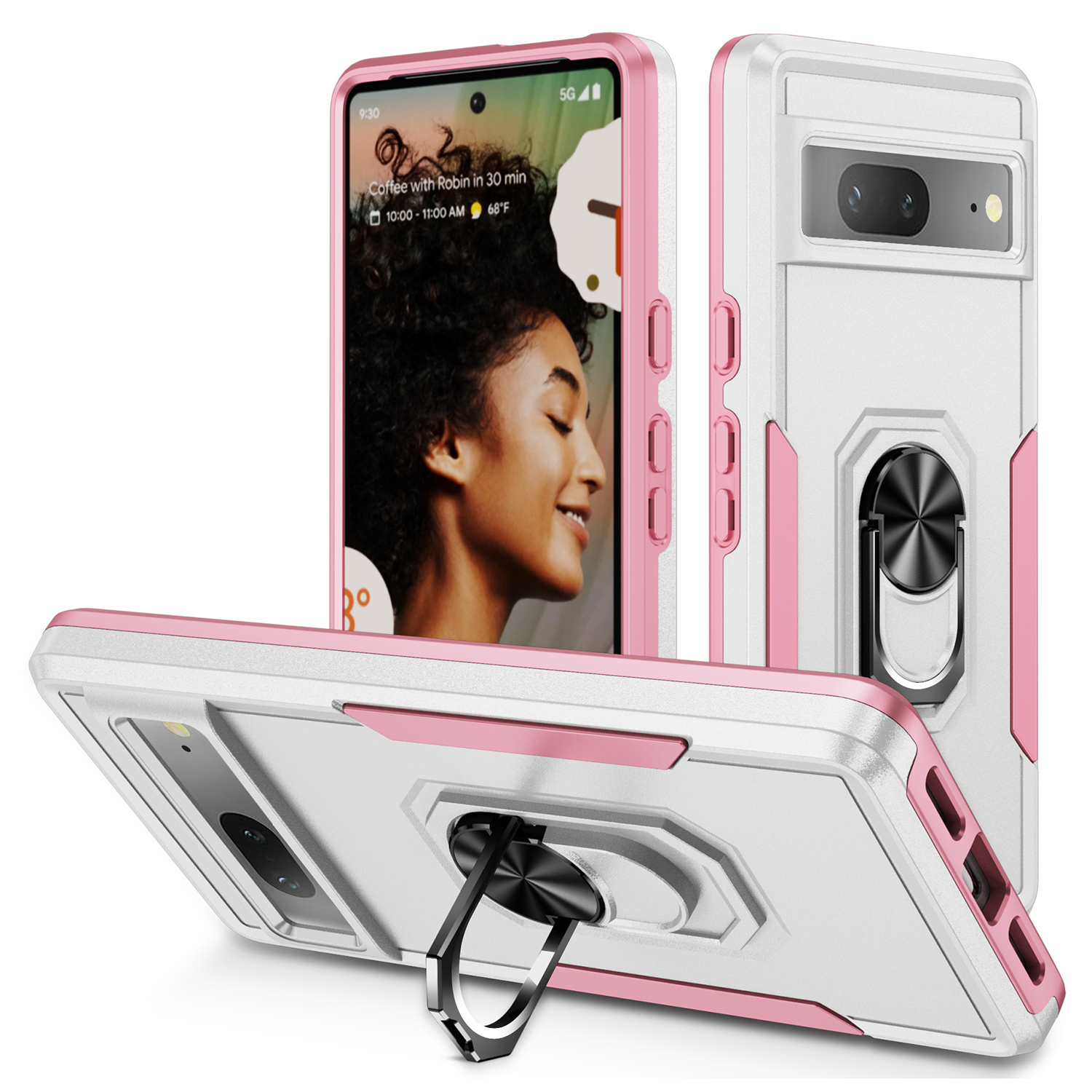 For Google Pixel 7 5G Case Military Grade Ring Kickstand PC+TPU Phone Cover - White+Pink