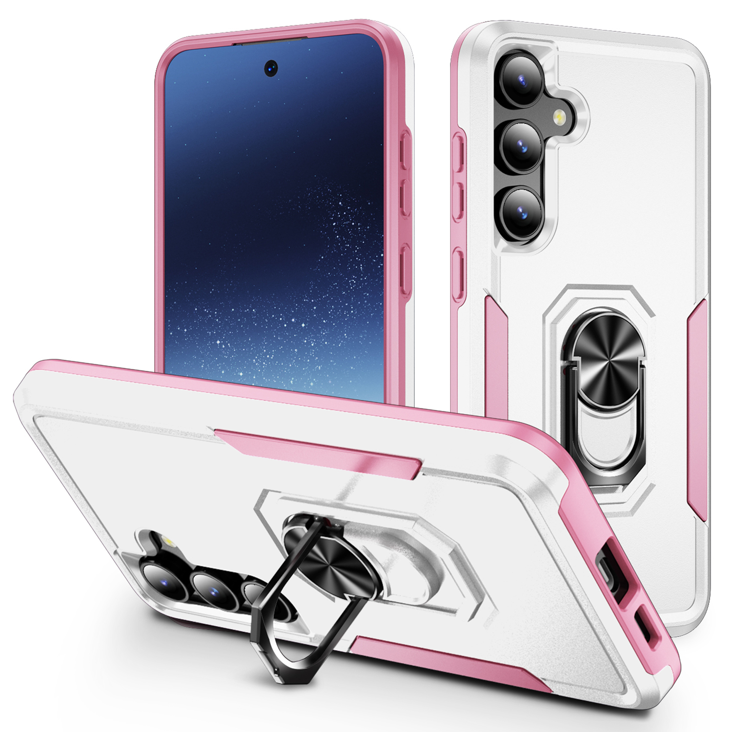 For Samsung Galaxy S24 FE Case Military Grade Ring Kickstand PC + TPU Phone Cover - White+Pink