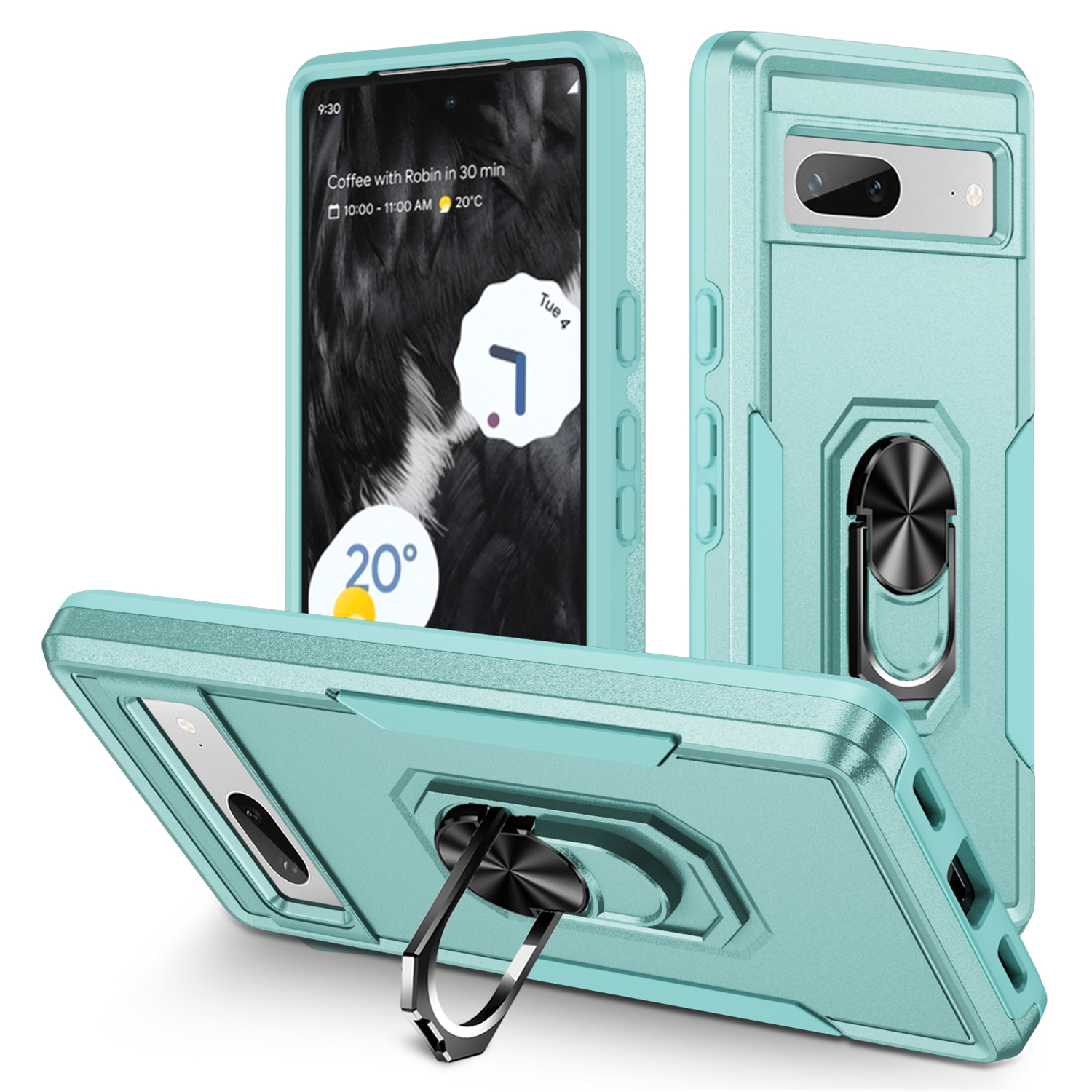 For Google Pixel 7a Case Military Grade Ring Kickstand PC + TPU Phone Cover - Green  /  Pink