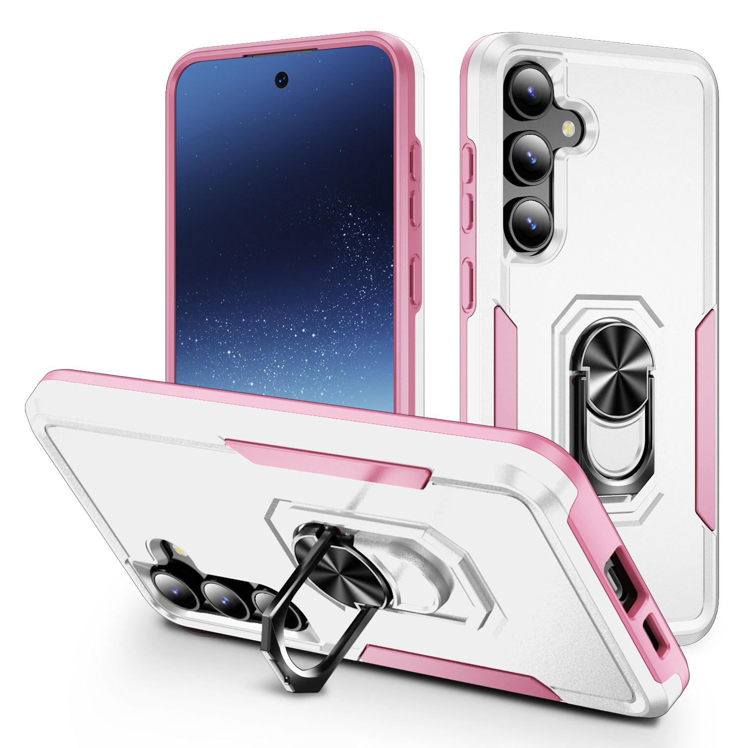 For Samsung Galaxy S25+ / S24+ Case Military Grade Ring Kickstand PC + TPU Phone Cover - White + Pink