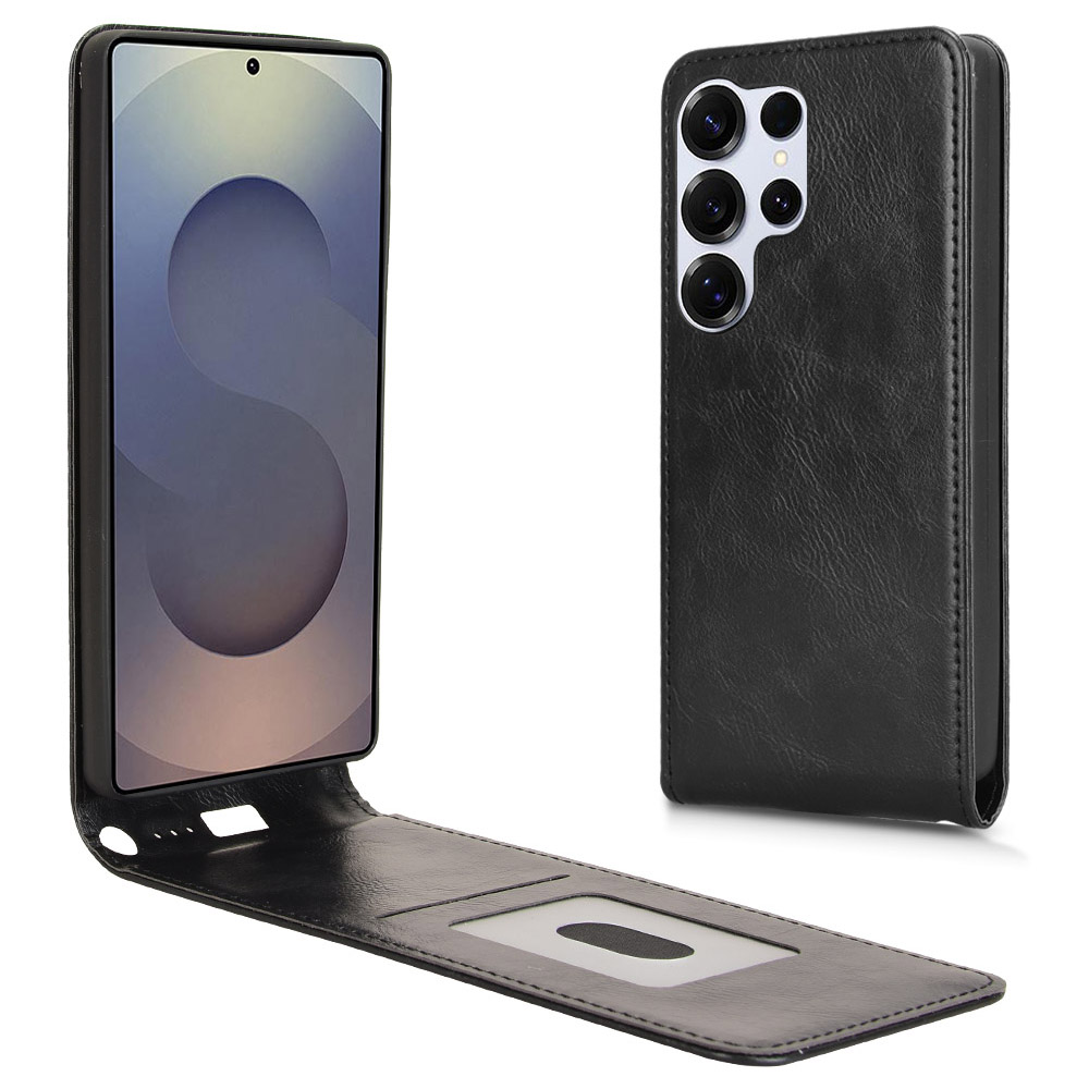 For Samsung Galaxy S25 Ultra Case with Card Slot Magnetic Vertical Flip Leather Phone Cover - Black