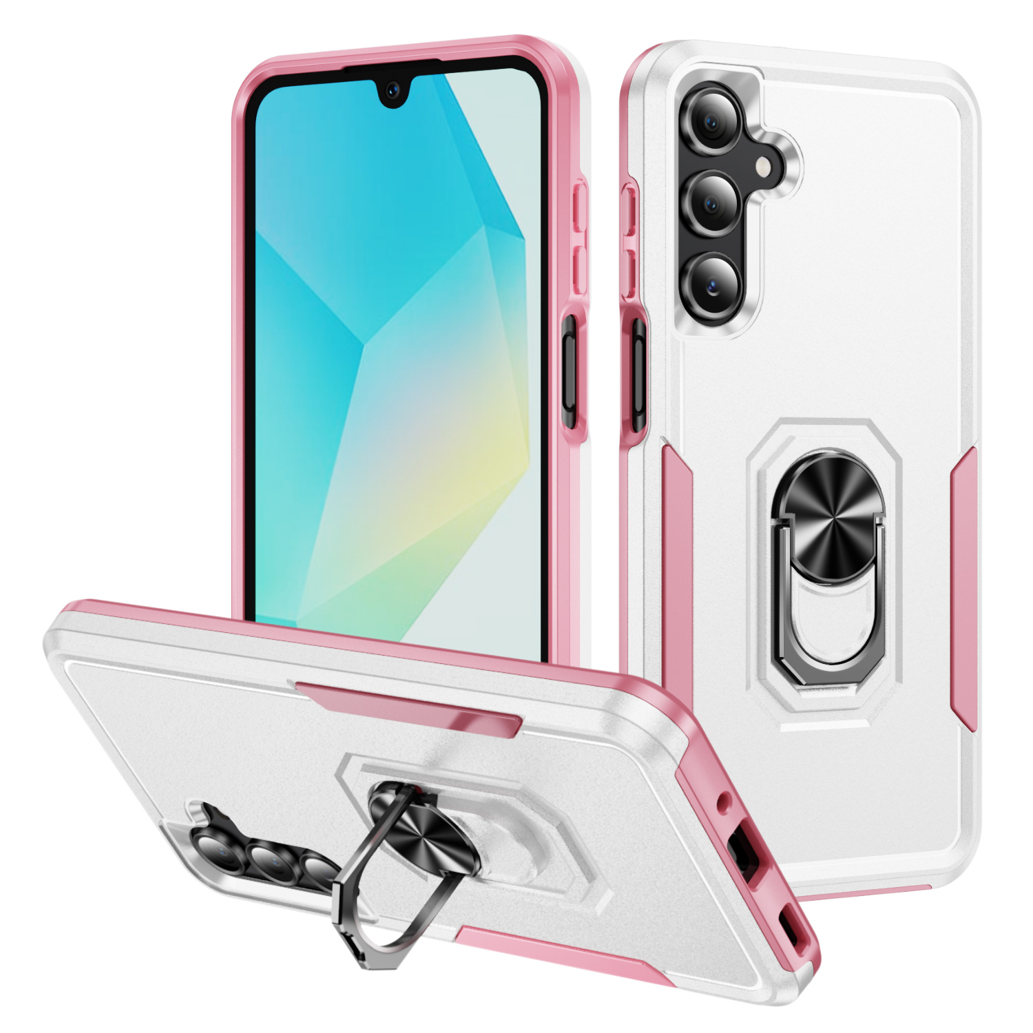 For Samsung Galaxy A17 5G / A26 5G Case Military Grade Ring Kickstand PC + TPU Phone Cover - White + Pink