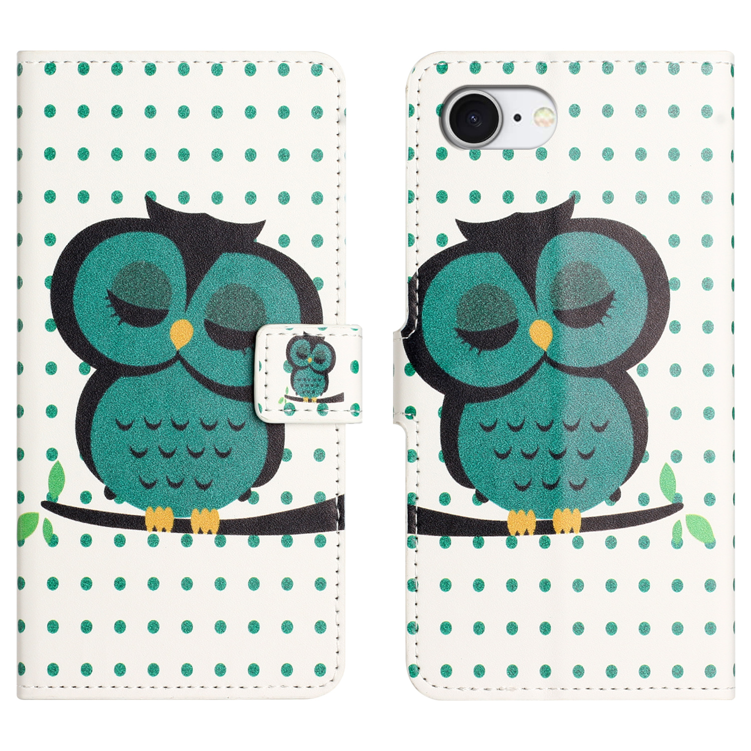 For iPhone 17e / 16e Case Pattern Print PU Leather Wallet Phone Cover - Dots Owl