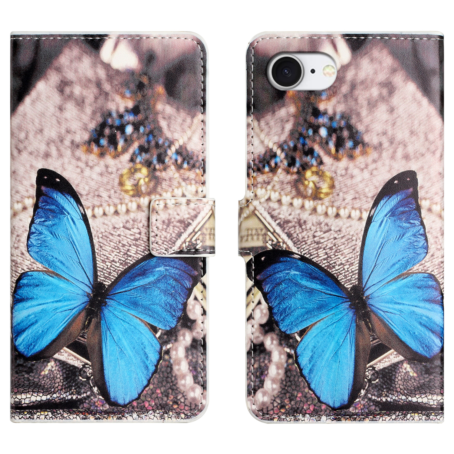 For iPhone 17e / 16e Case Pattern Print PU Leather Wallet Phone Cover - Blue Butterfly