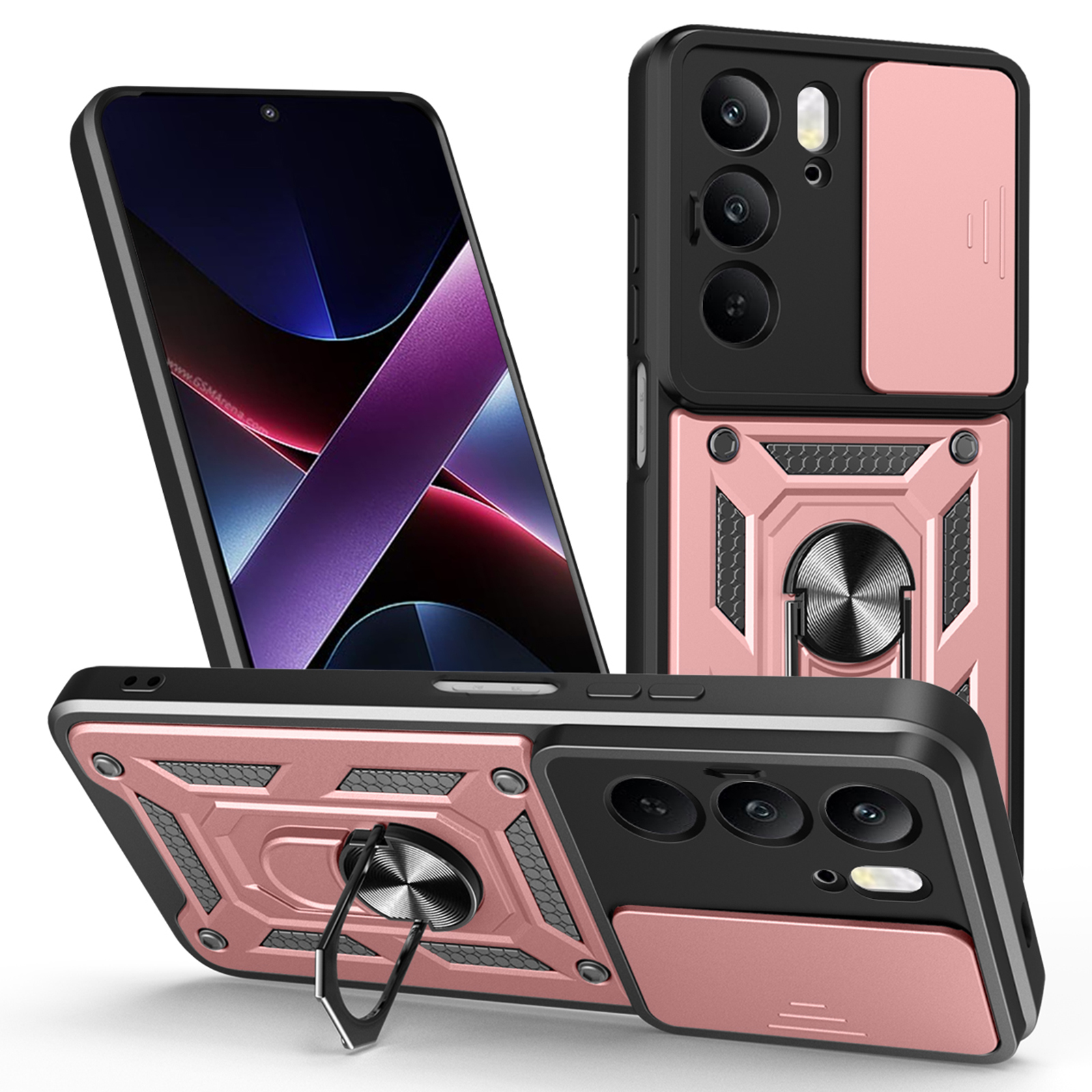 Case for Realme C75 4G / V60 Pro 5G / 14x (India) 5G PC + TPU Phone Cover with Slide Camera Lid and Kickstand - Rose Gold