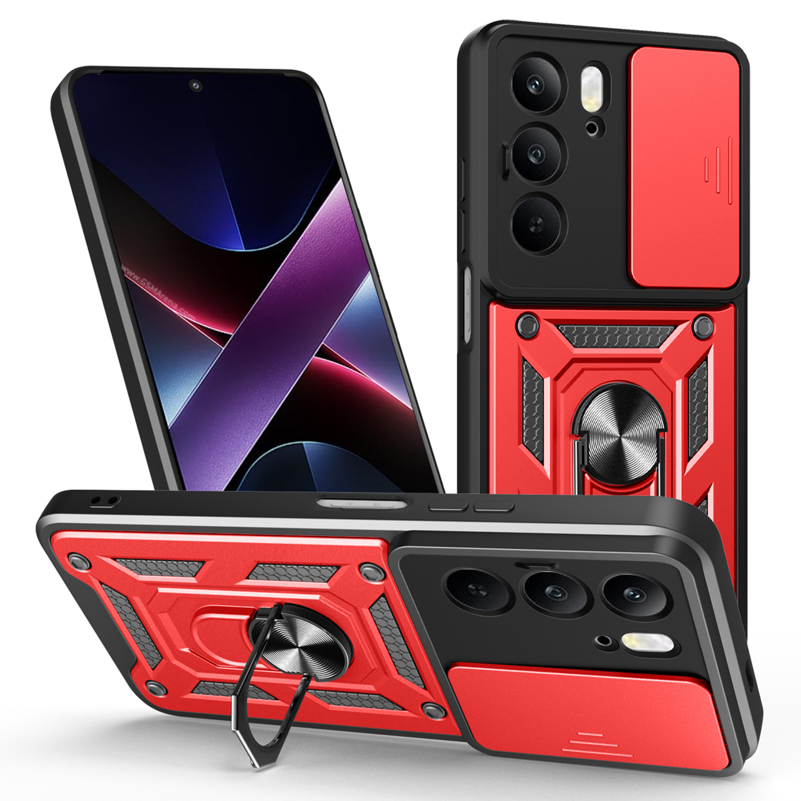 Case for Realme C75 4G / V60 Pro 5G / 14x (India) 5G PC + TPU Phone Cover with Slide Camera Lid and Kickstand - Red