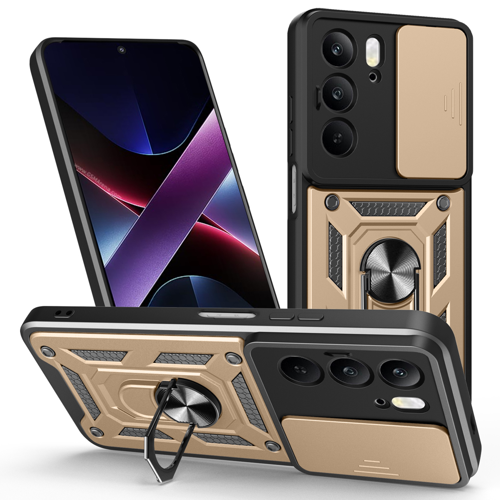 Case for Realme C75 4G / V60 Pro 5G / 14x (India) 5G PC + TPU Phone Cover with Slide Camera Lid and Kickstand - Gold
