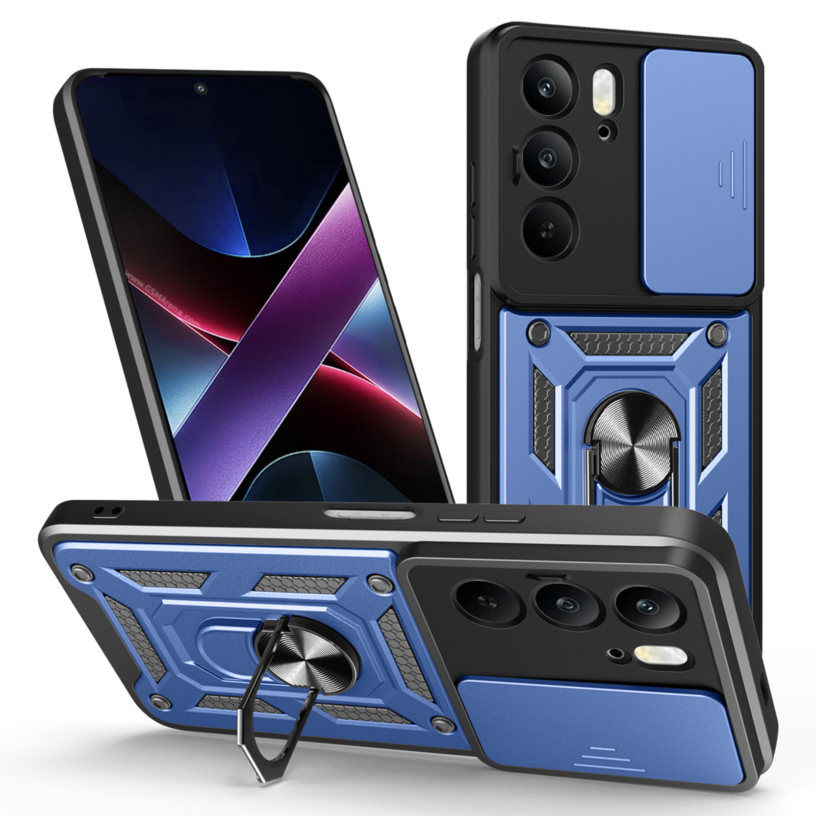 Case for Realme C75 4G / V60 Pro 5G / 14x (India) 5G PC + TPU Phone Cover with Slide Camera Lid and Kickstand - Blue