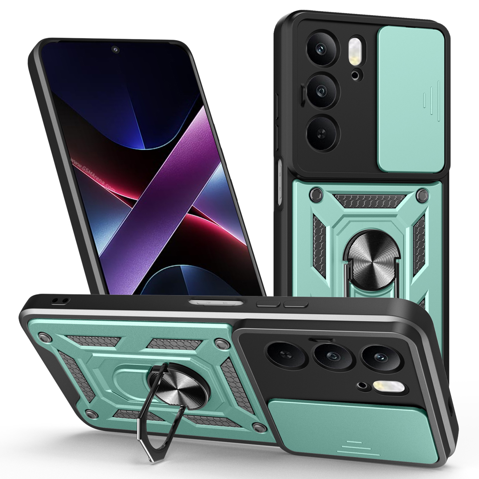 Case for Realme C75 4G / V60 Pro 5G / 14x (India) 5G PC + TPU Phone Cover with Slide Camera Lid and Kickstand - Green