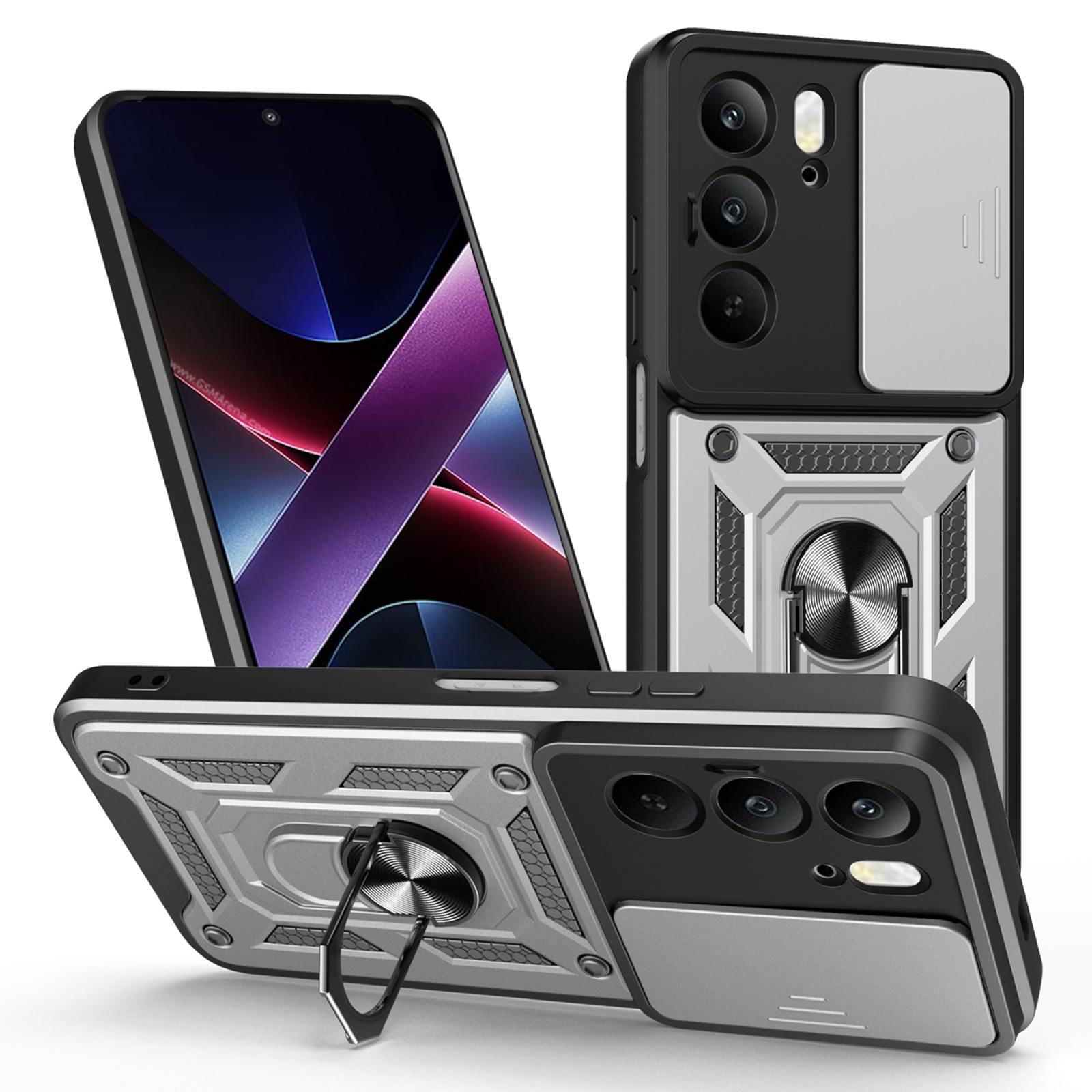 Case for Realme C75 4G / V60 Pro 5G / 14x (India) 5G PC + TPU Phone Cover with Slide Camera Lid and Kickstand - Silver