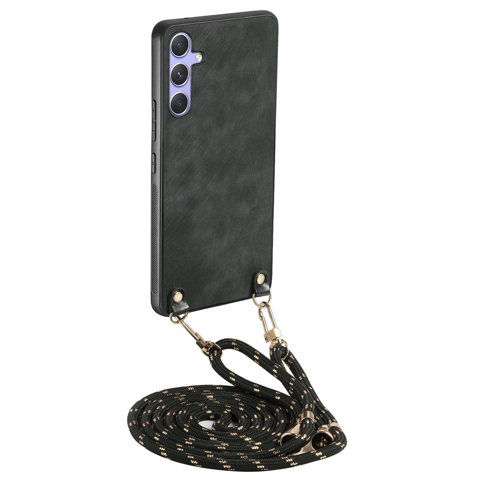 For Samsung Galaxy A56 5G Case Retro Texture Leather Coated PC + TPU Phone Cover with Hanging Rope - Black