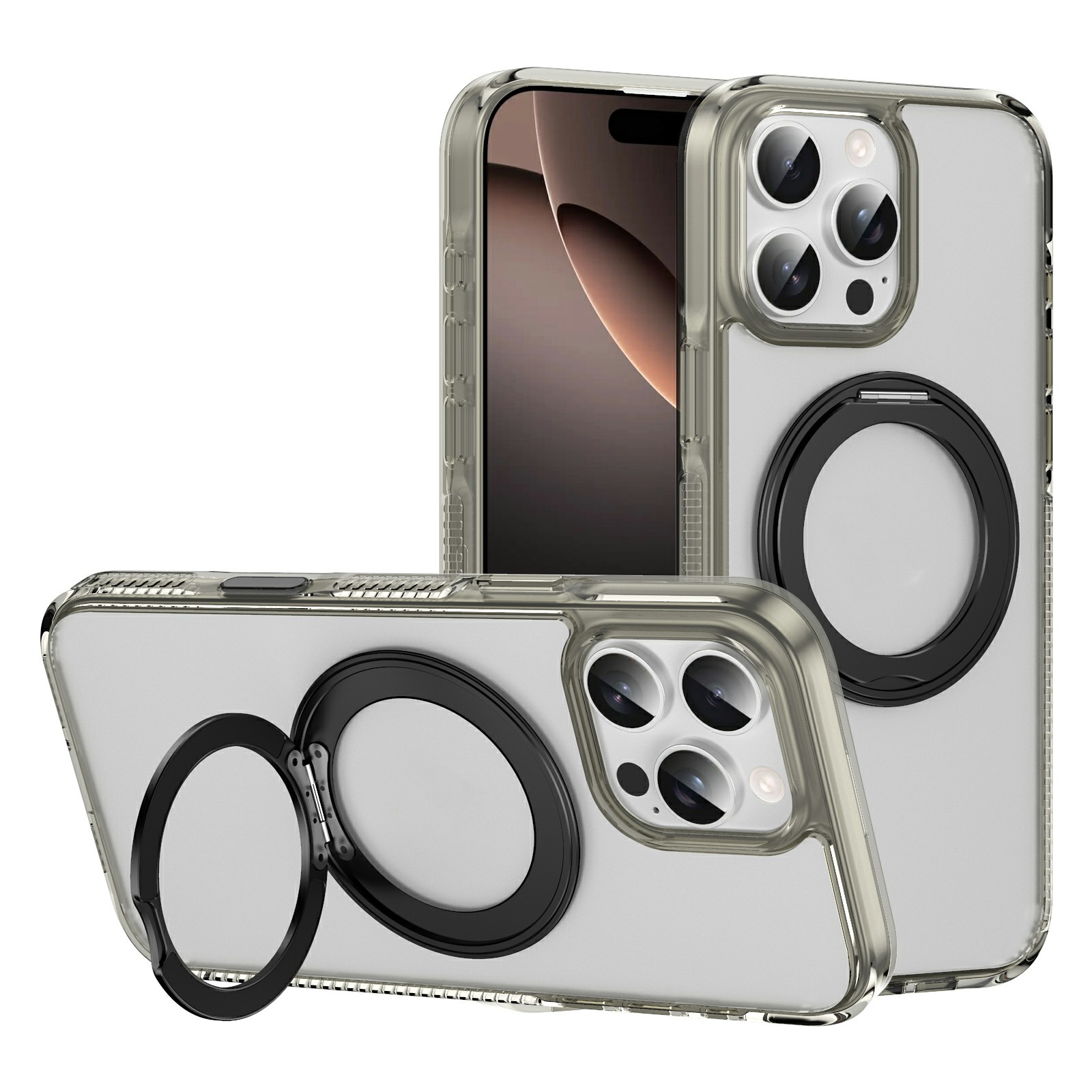 For iPhone 16 Pro Max Case Rotating Kickstand  PC + TPU Magnetic Phone Cover with Camera Touch Control Button - Transparent Grey