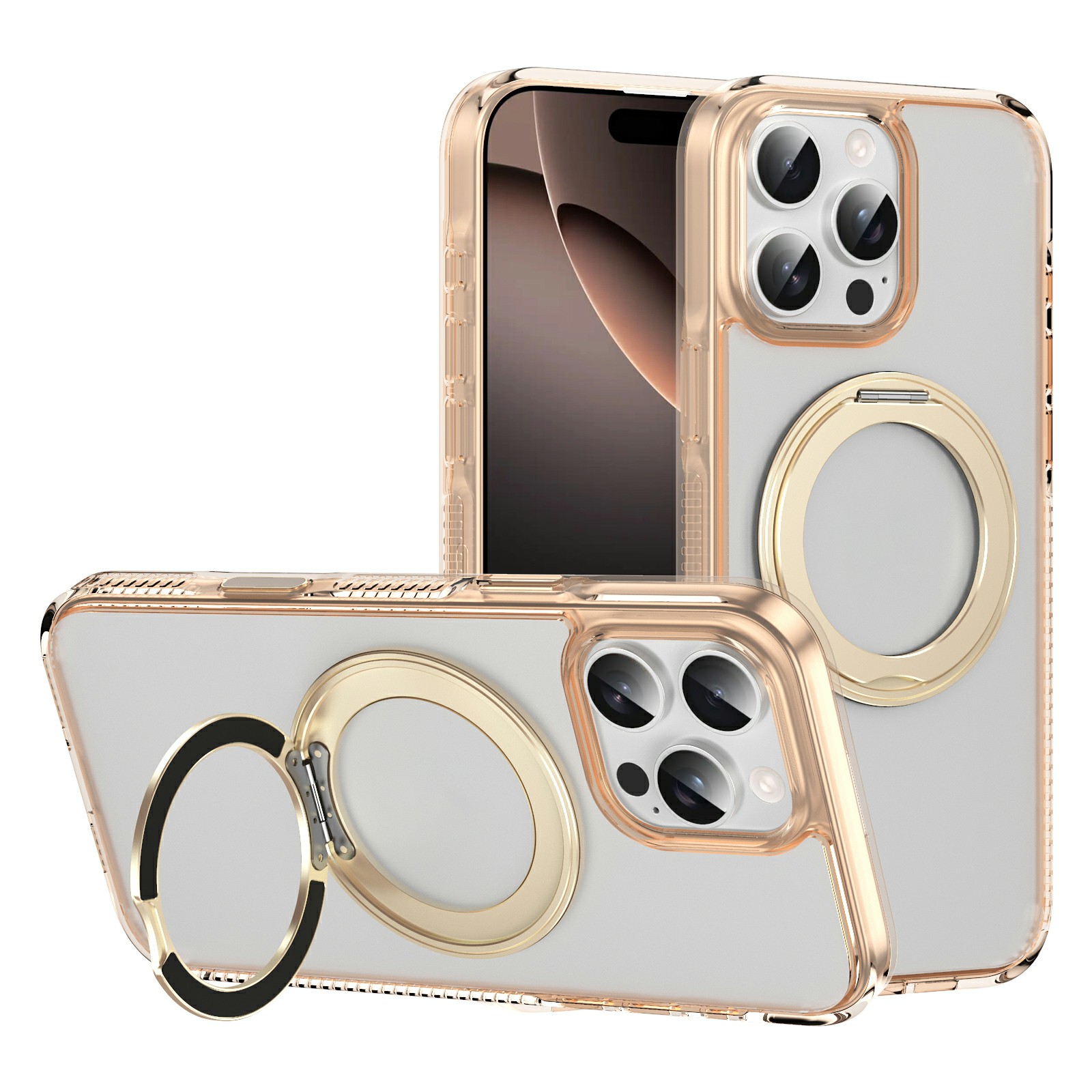 For iPhone 16 Pro Max Case Rotating Kickstand  PC + TPU Magnetic Phone Cover with Camera Touch Control Button - Transparent Gold