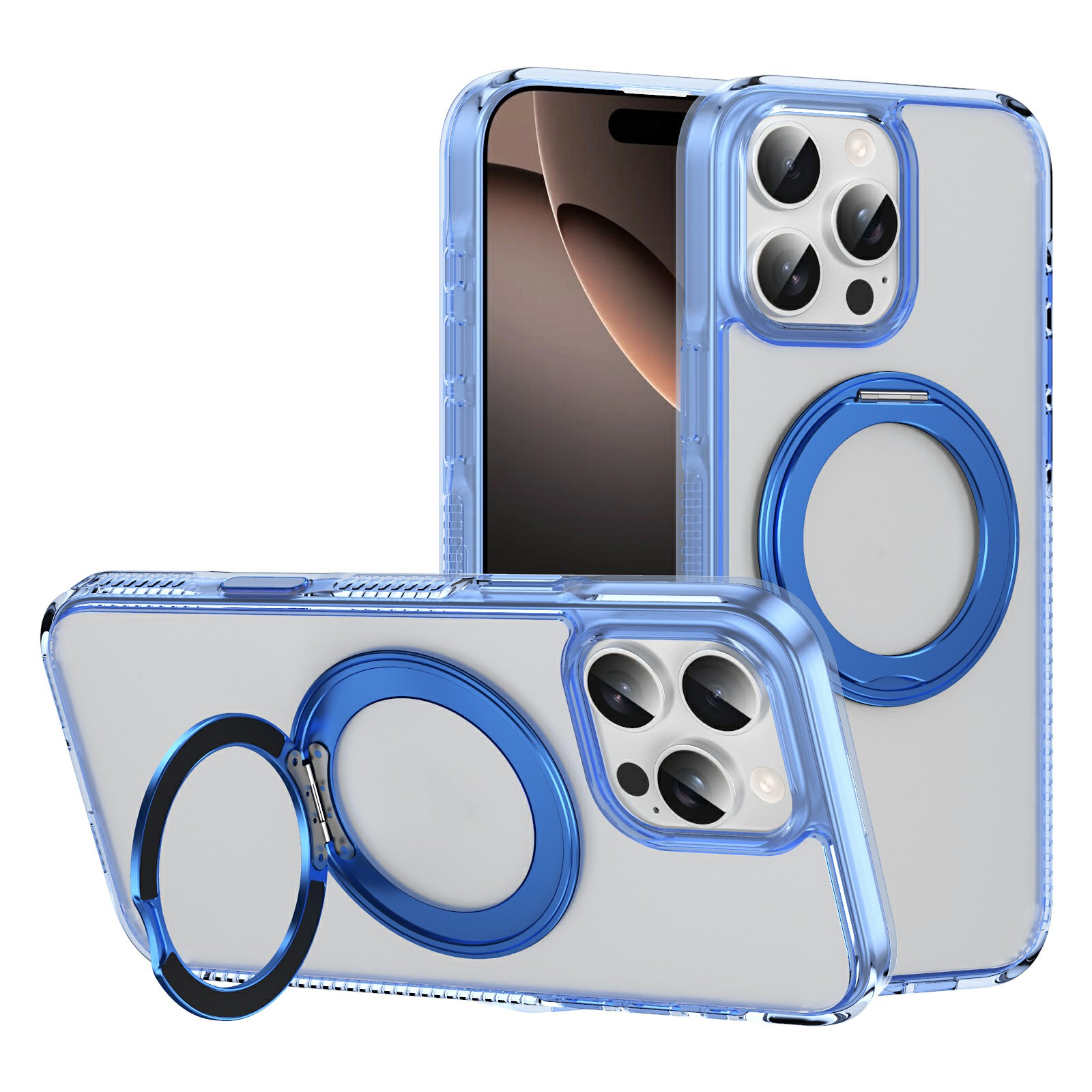 For iPhone 16 Pro Case Rotating Kickstand  PC + TPU Magnetic Phone Cover with Camera Touch Control Button - Transparent Blue