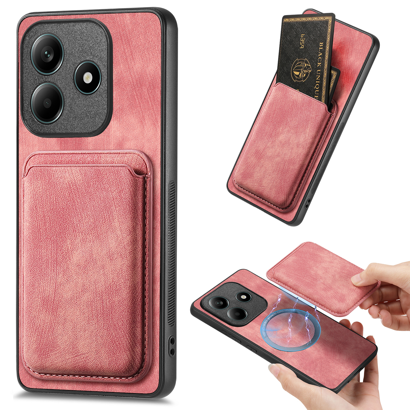 For Xiaomi Redmi Note 14 4G (163.25mm) Magnetic Case Leather Back Cover with Detachable Card Holder - Pink