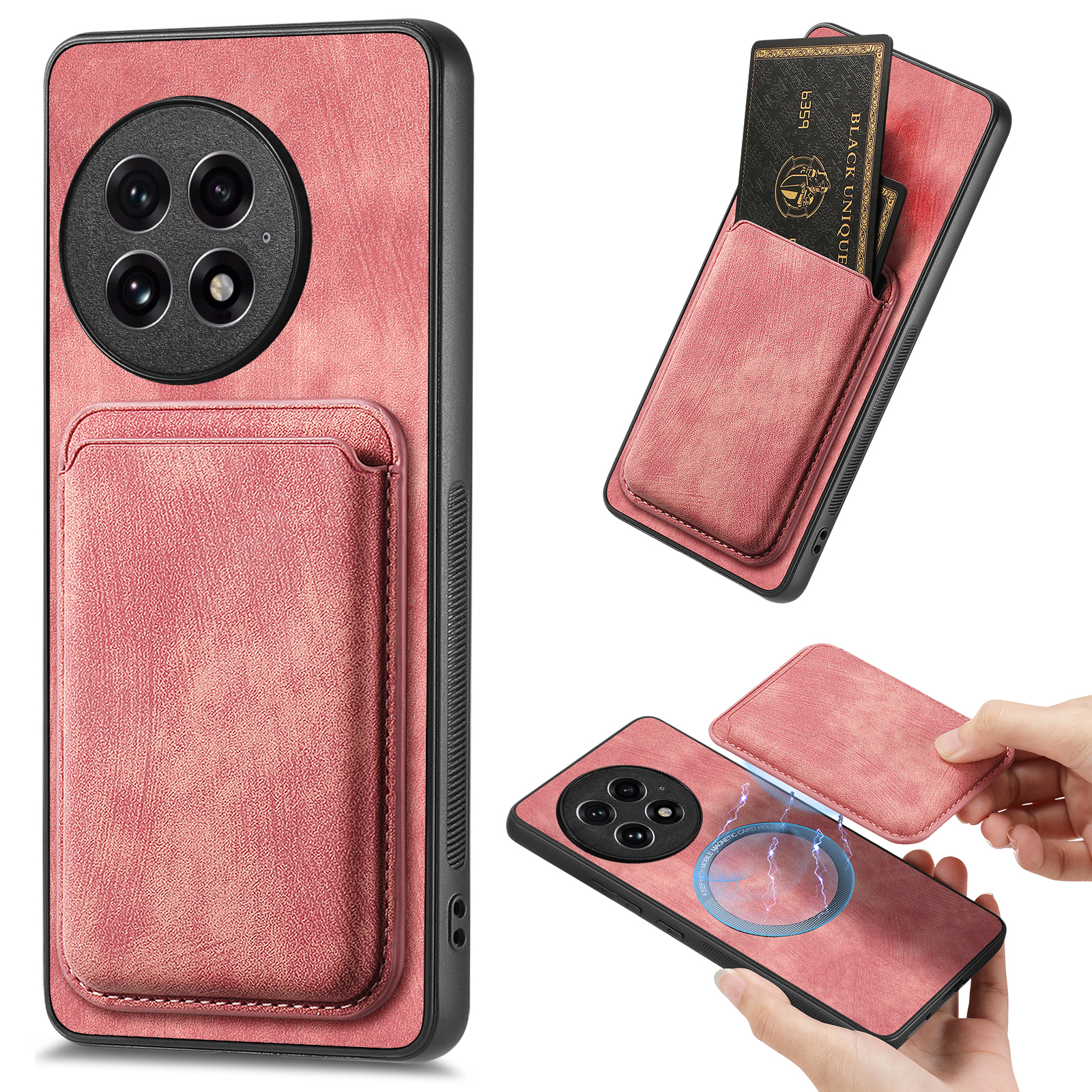 For OnePlus 13 Magnetic Case Leather Back Cover with Detachable Card Holder - Pink