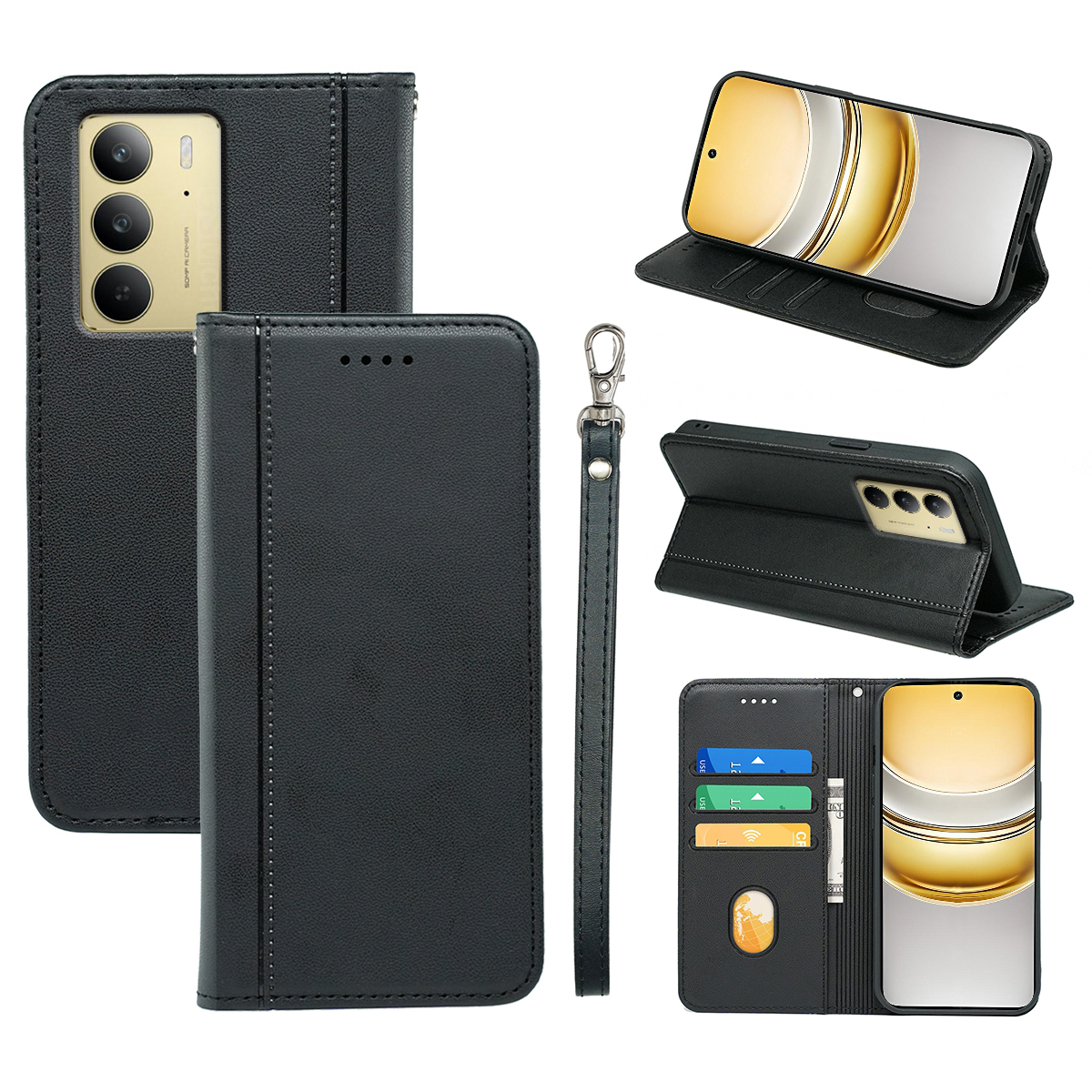 HX01 For Realme 14x 5G Wallet Case Magnetic Closing PU Leather Phone Cover - Black
