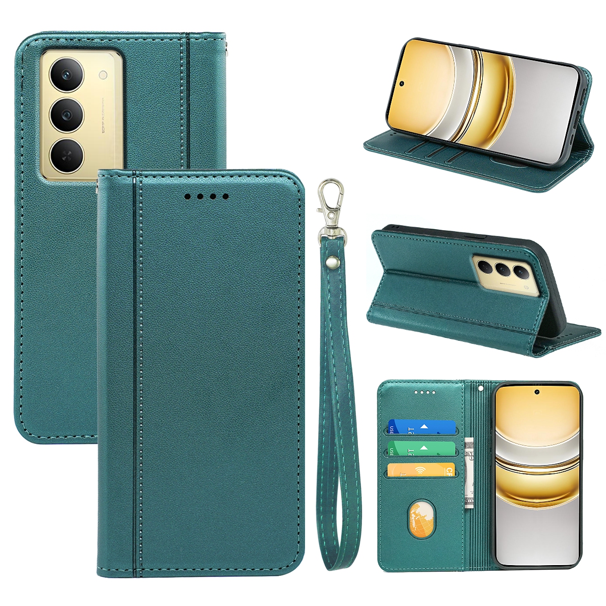 HX01 For Realme 14x 5G Wallet Case Magnetic Closing PU Leather Phone Cover - Green