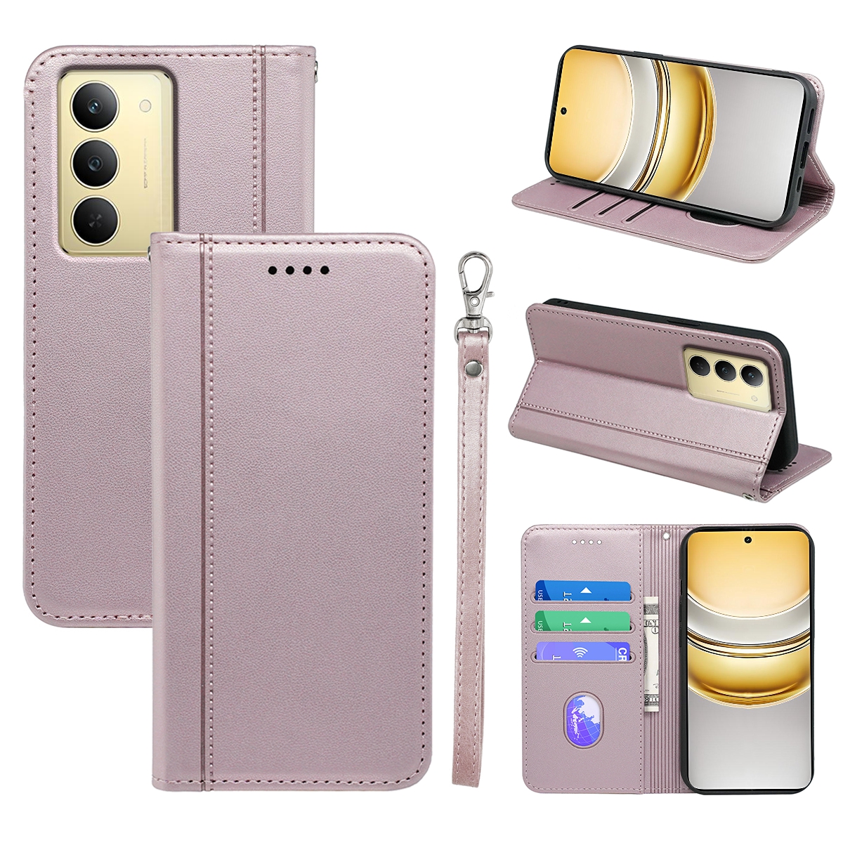 HX01 For Realme 14x 5G Wallet Case Magnetic Closing PU Leather Phone Cover - Rose Gold