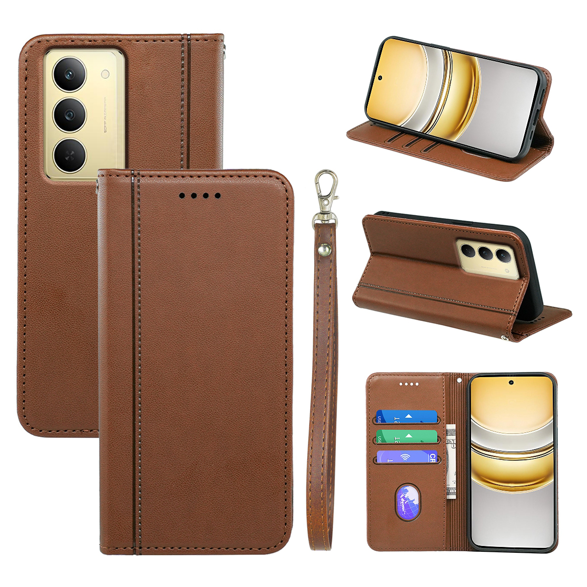 HX01 For Realme 14x 5G Wallet Case Magnetic Closing PU Leather Phone Cover - Brown