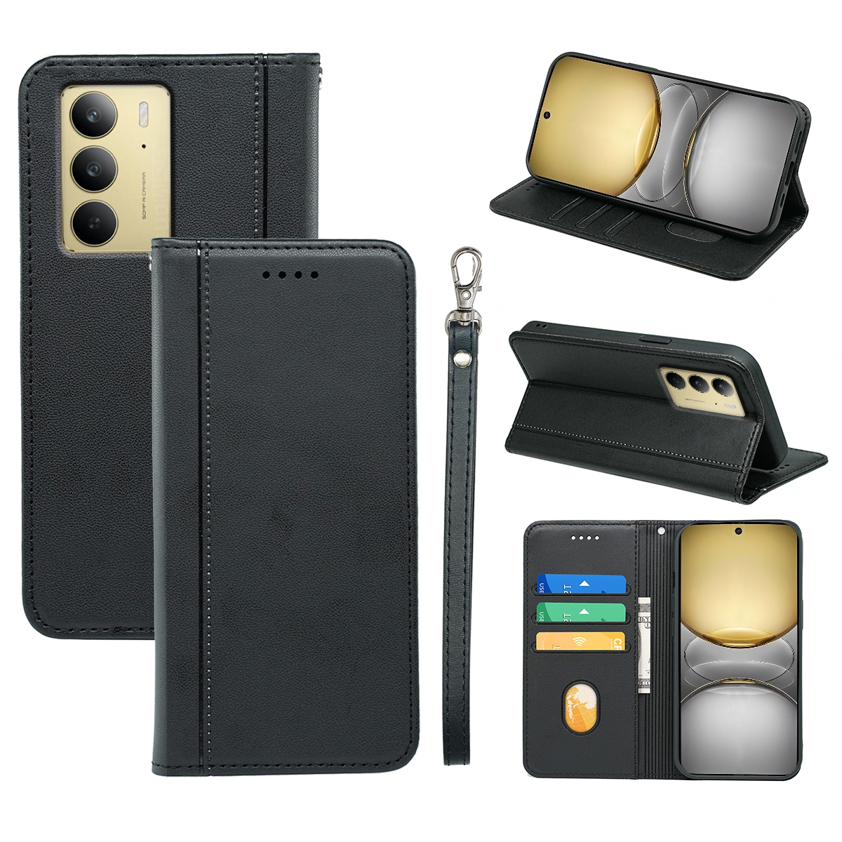 HX01 For Realme C75 4G Wallet Case Magnetic Closing PU Leather Phone Cover - Black