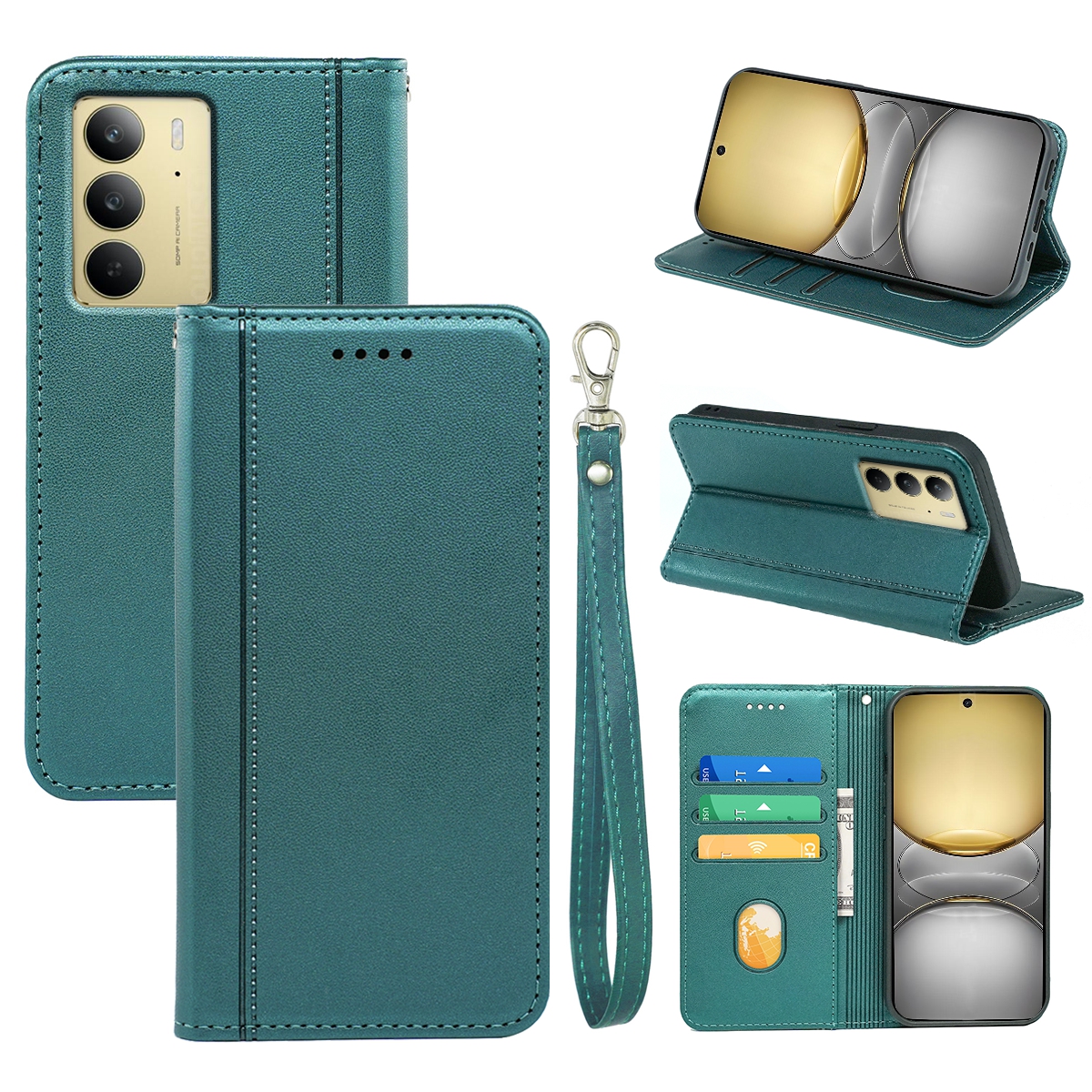 HX01 For Realme C75 4G Wallet Case Magnetic Closing PU Leather Phone Cover - Green
