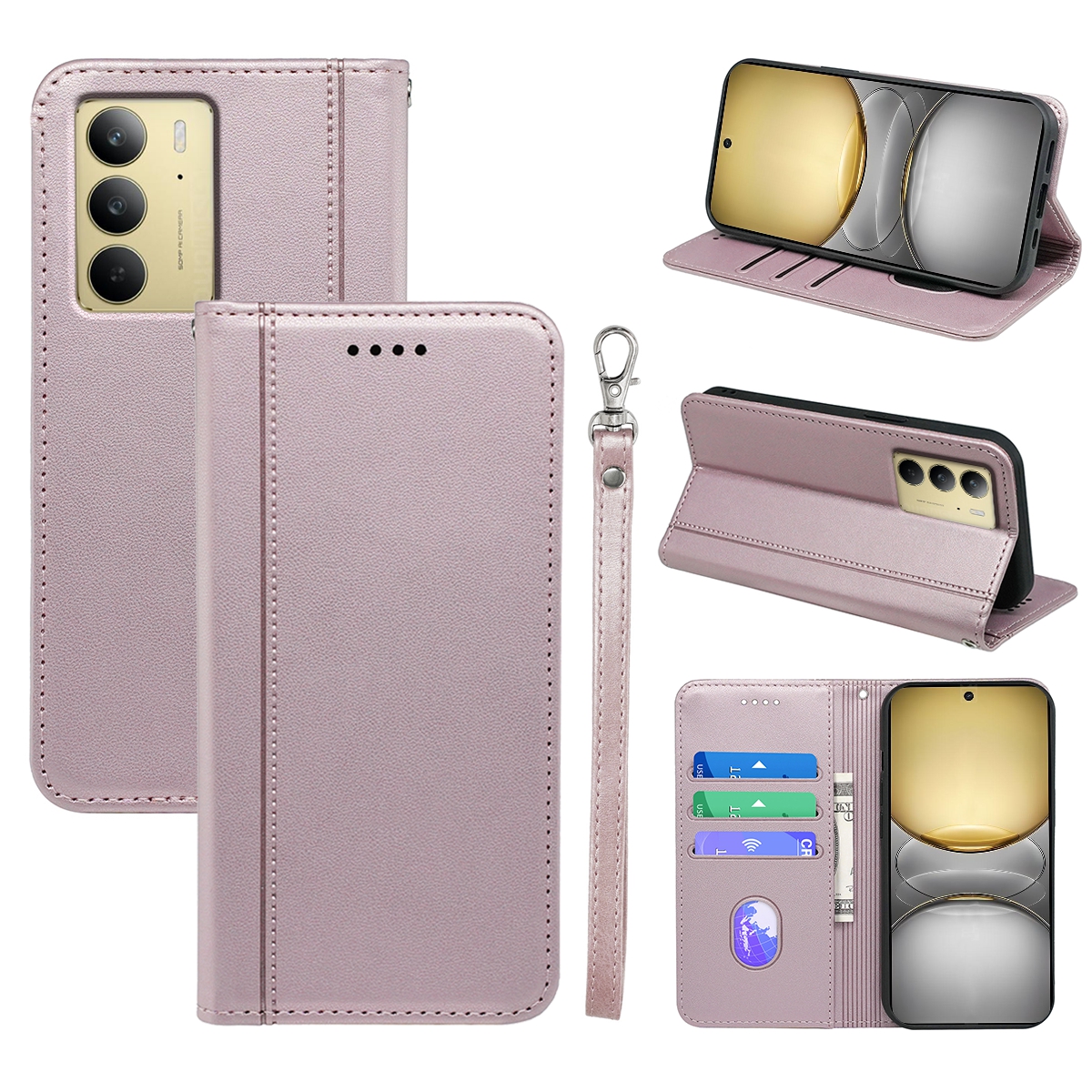 HX01 For Realme C75 4G Wallet Case Magnetic Closing PU Leather Phone Cover - Rose Gold