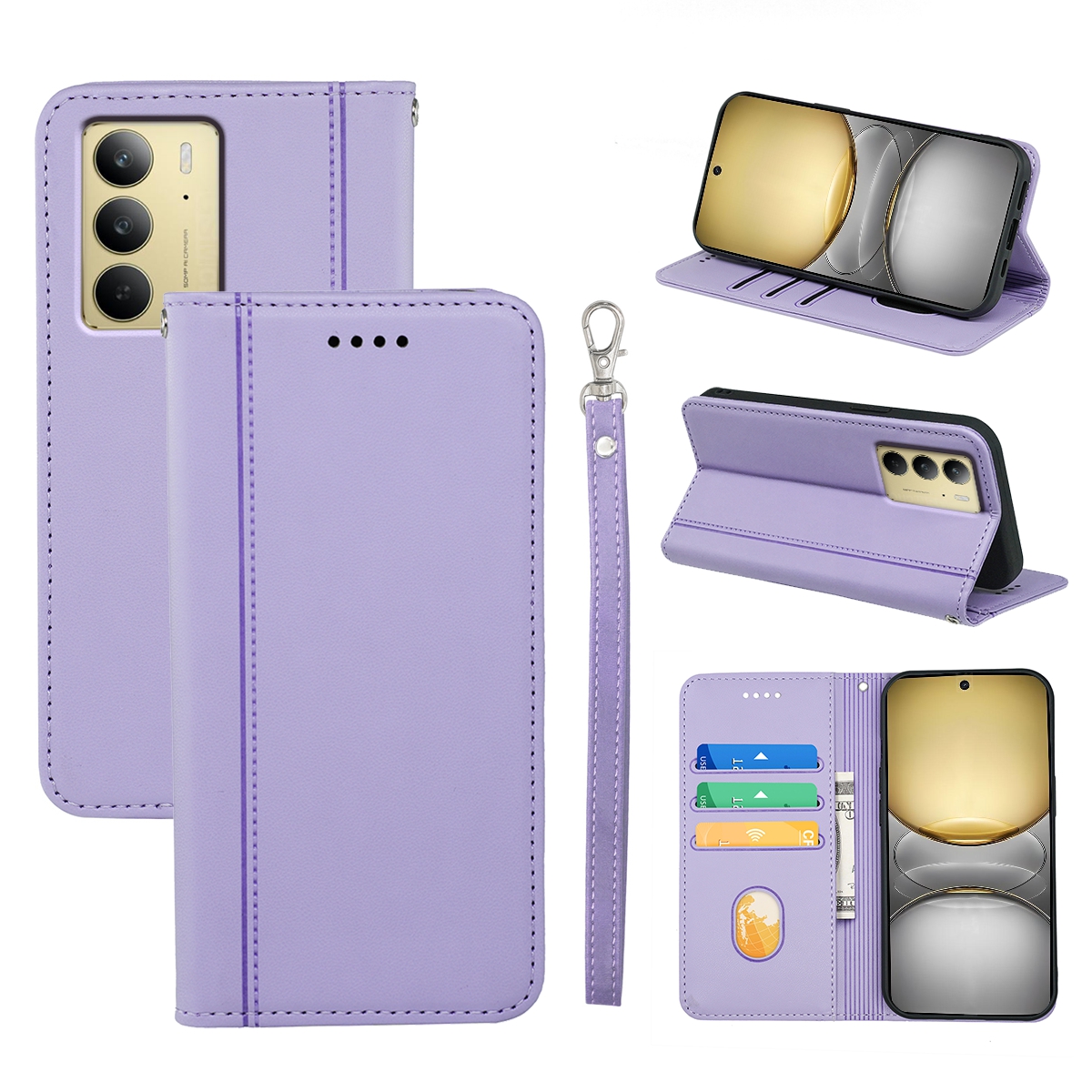 HX01 For Realme C75 4G Wallet Case Magnetic Closing PU Leather Phone Cover - Purple