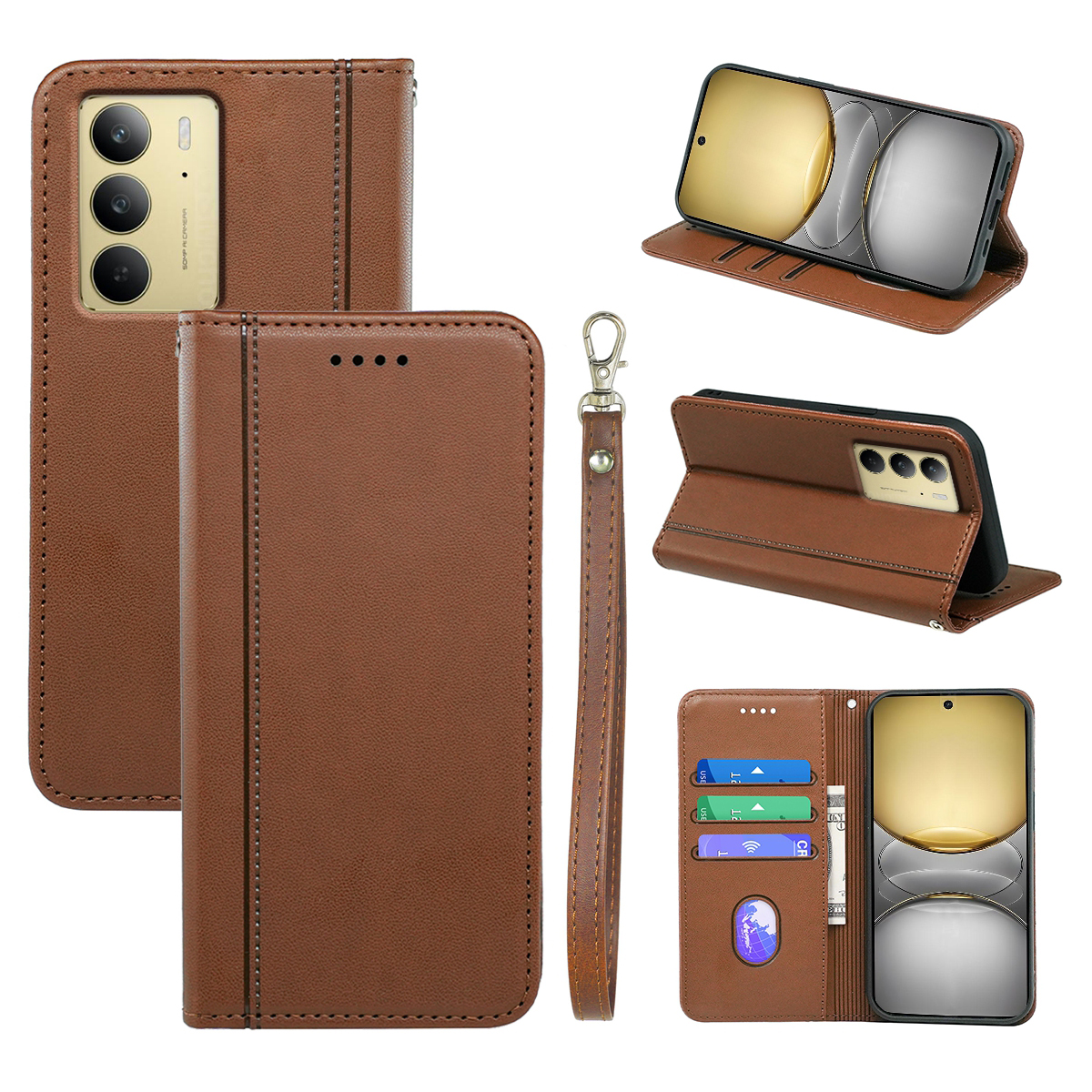 HX01 For Realme C75 4G Wallet Case Magnetic Closing PU Leather Phone Cover - Brown