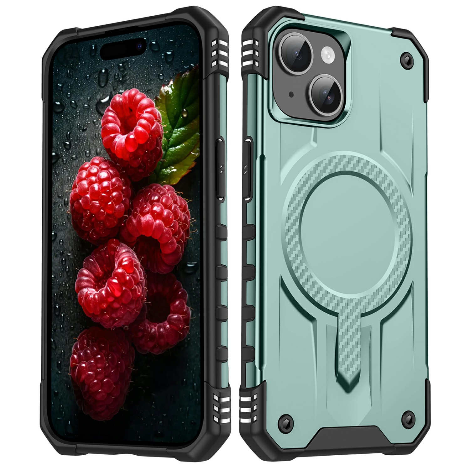 For iPhone 15 Case Compatible with MagSafe Four Corner Airbags PC + TPU Phone Cover - Midnight Green
